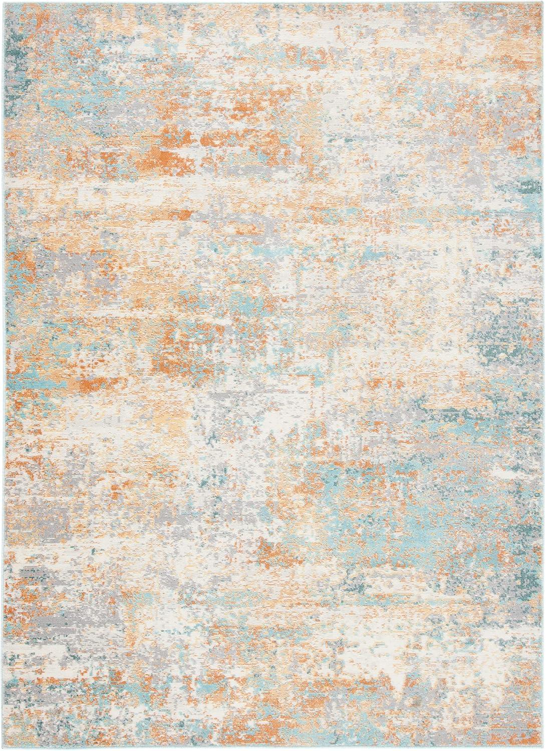 Ivory and Aqua Synthetic Stain-Resistant Square Rug