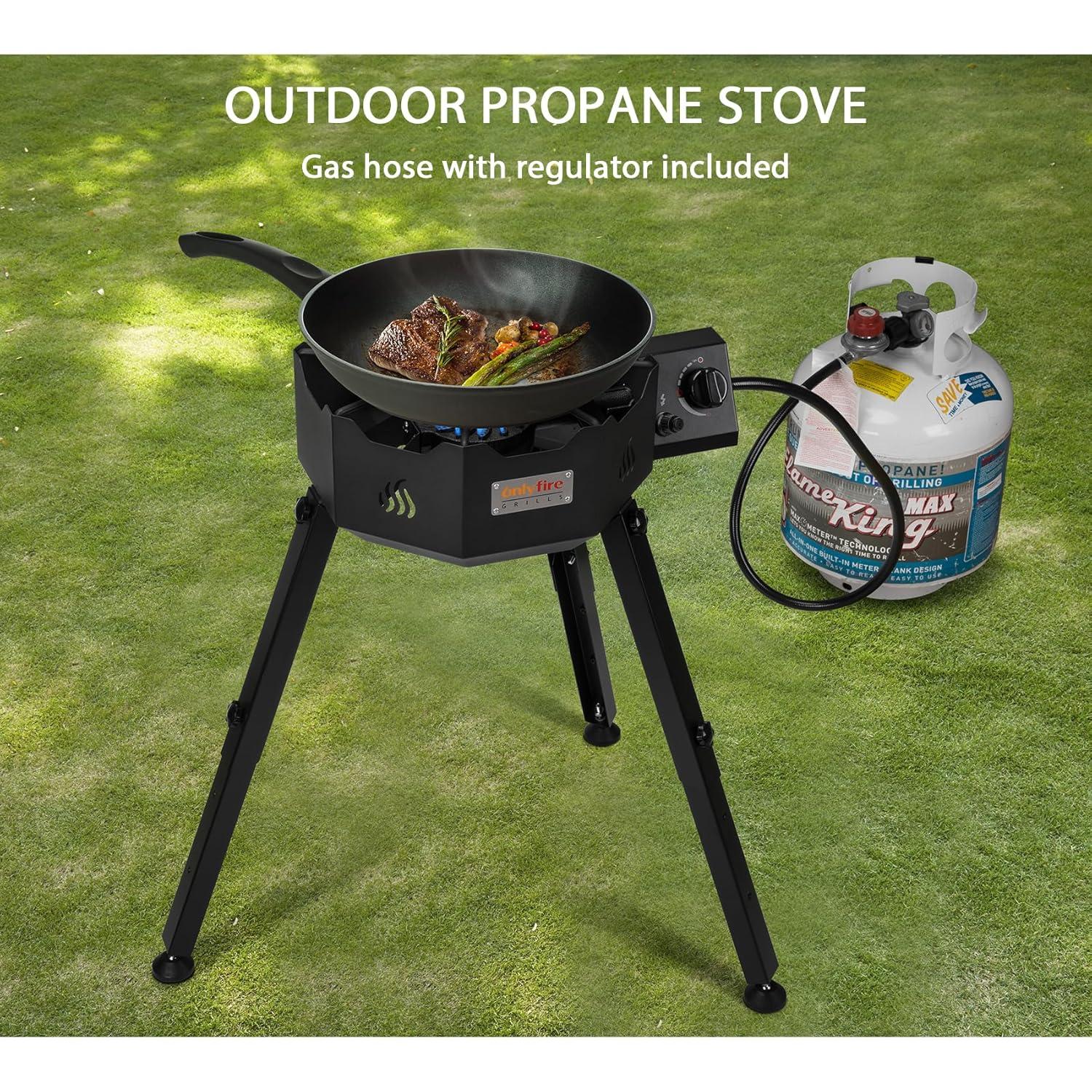 ONLYFIRE Portable Gas Burner with Adjustable Removable Legs, Propane Camping Stove for Backyard RV Tailgating Outdoor Cooking, works for Wok, Skillet, Frying Pan, Pot, 4FT Hose, 65000BTU, GS301