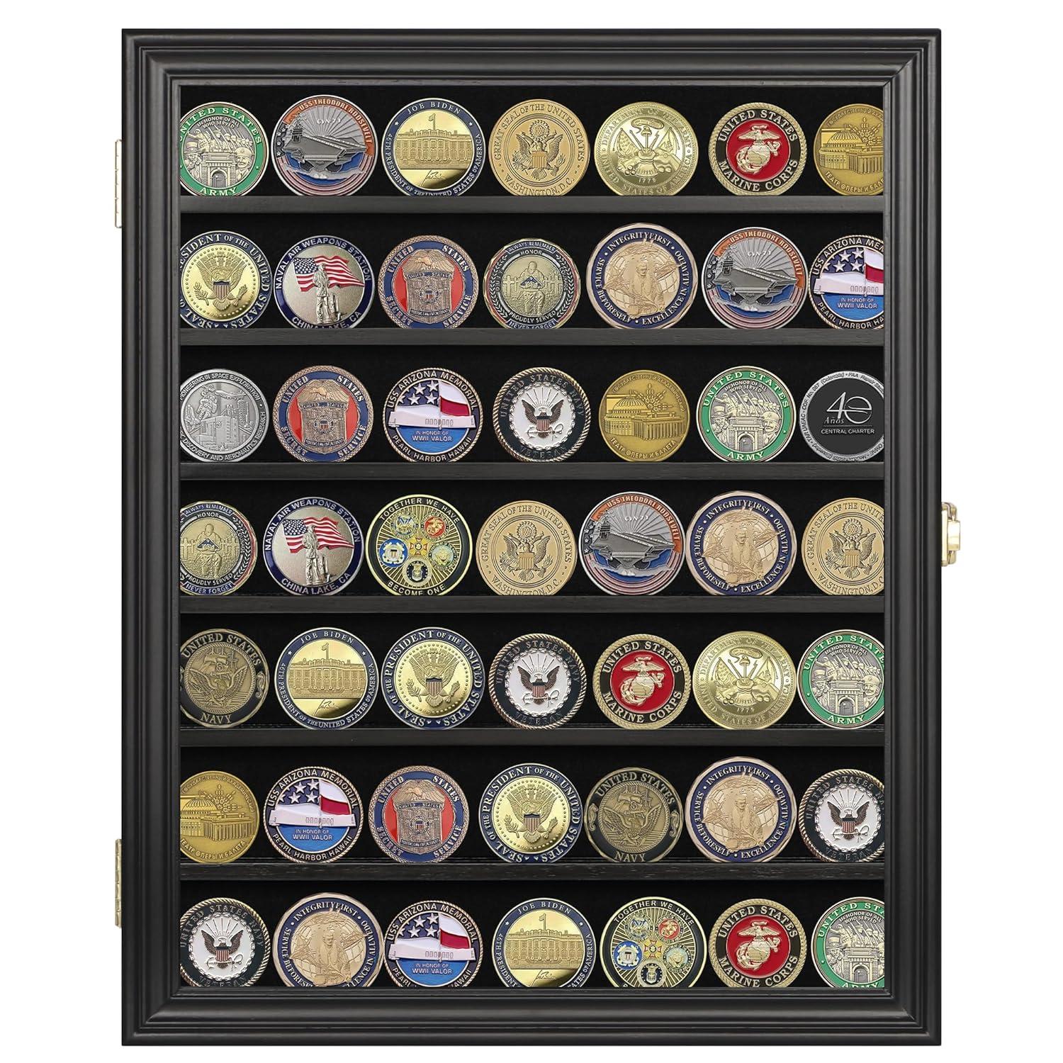 Challenge Coin / Casino Chip Display Case Cabinet Holder Shadow Box, Glass Door, Black (COIN56-BL)