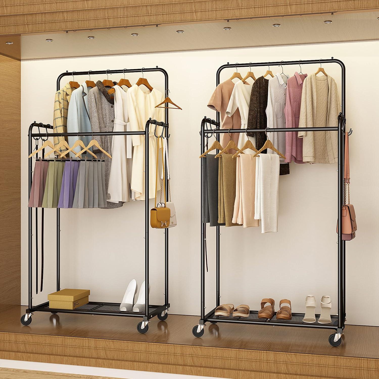 Black Heavy Duty Double Rod Rolling Garment Rack with Hooks