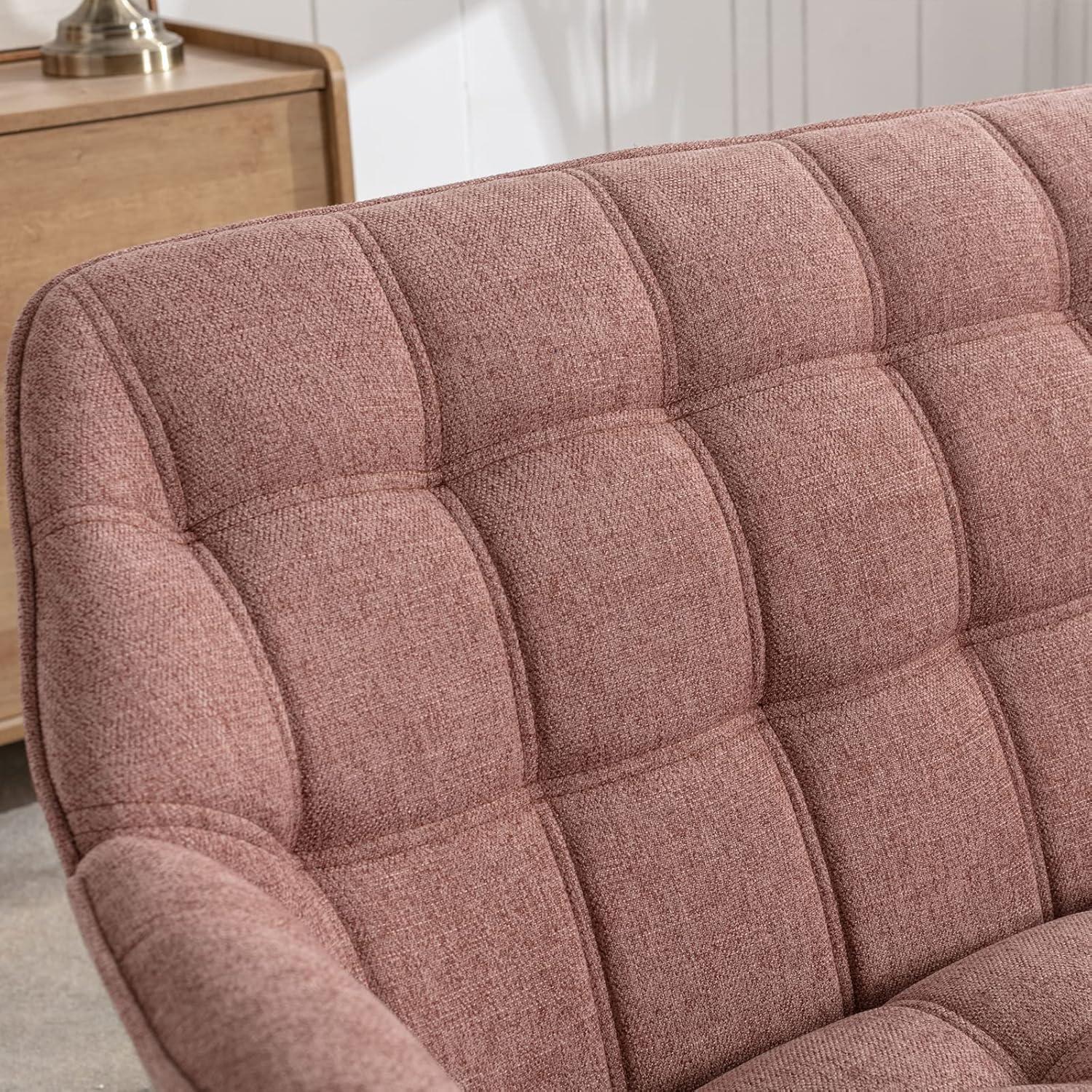 Pink Linen Plaid Loveseat with Wooden Legs