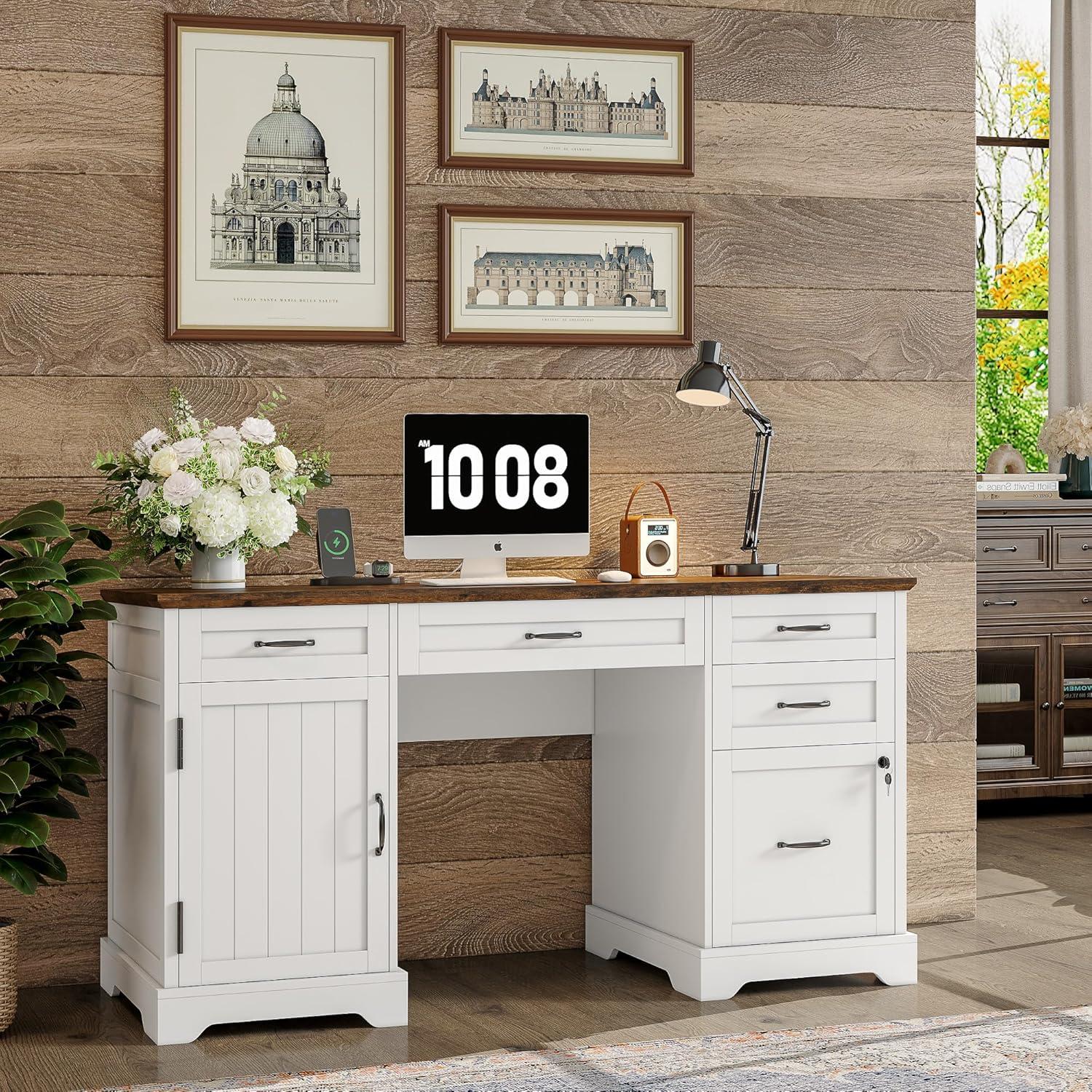 August Grove® 55'' Farmhouse Executive Desk with Drawers, File Cabinet and Power Outlets
