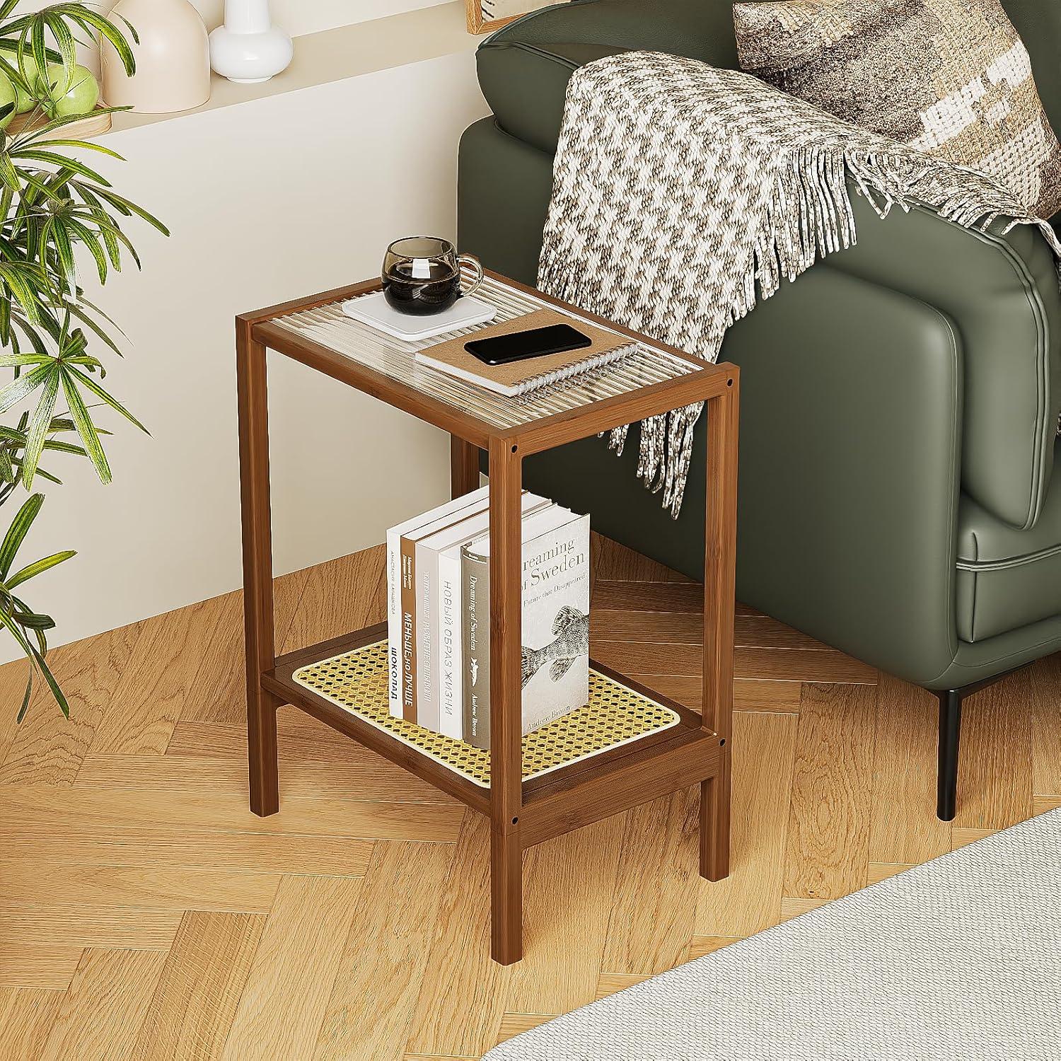 Bamboo and Glass 2-Tier Rattan Side Table