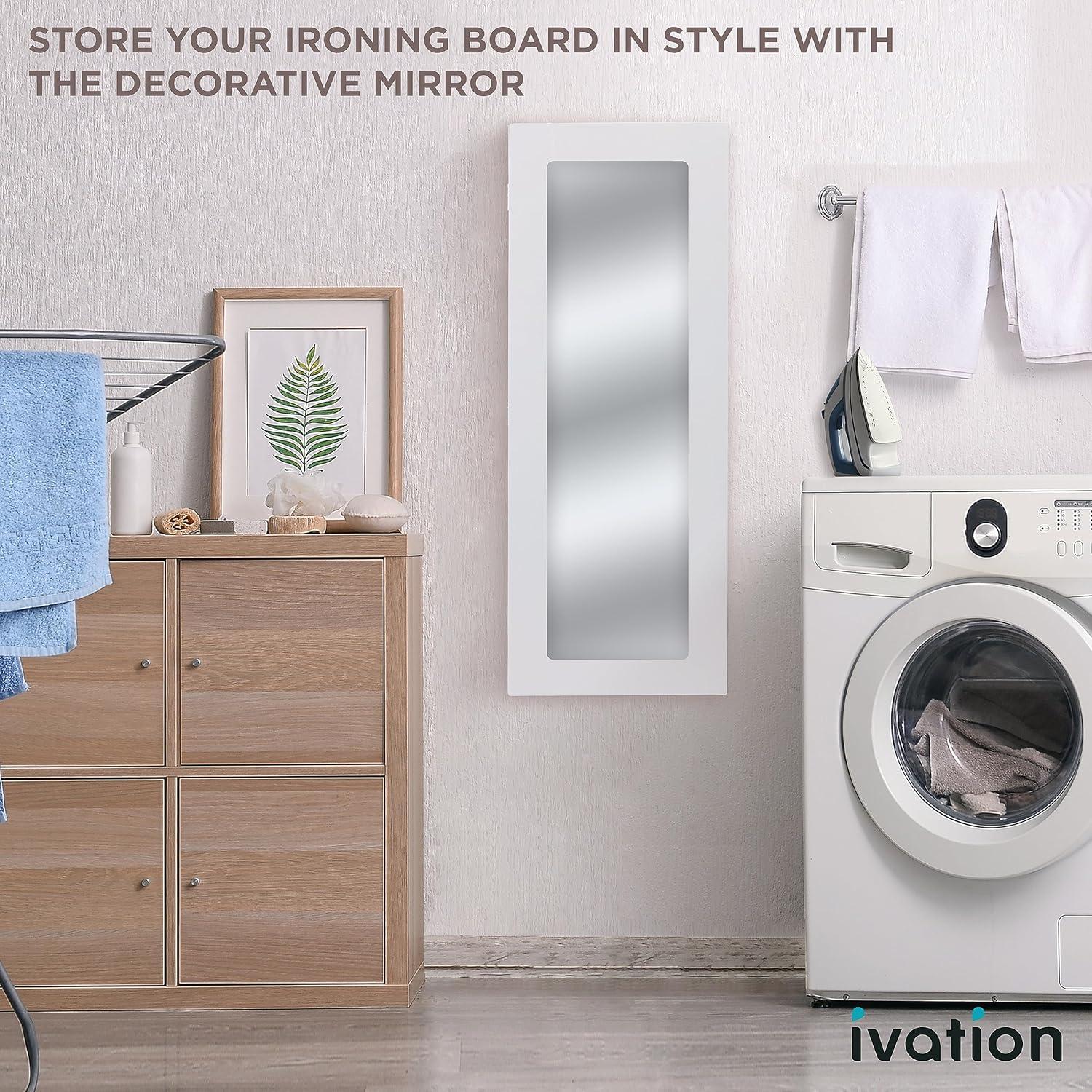 Ivation Ironing Board, Wall Mounted Ironing Board Cabinet W/Left Side Door, Mirror & Lever, White