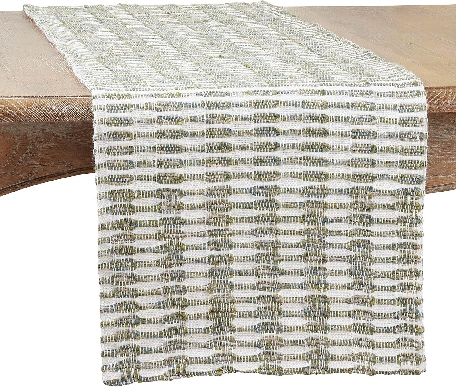 Green and White Woven Cotton Table Runner, 16" x 72"