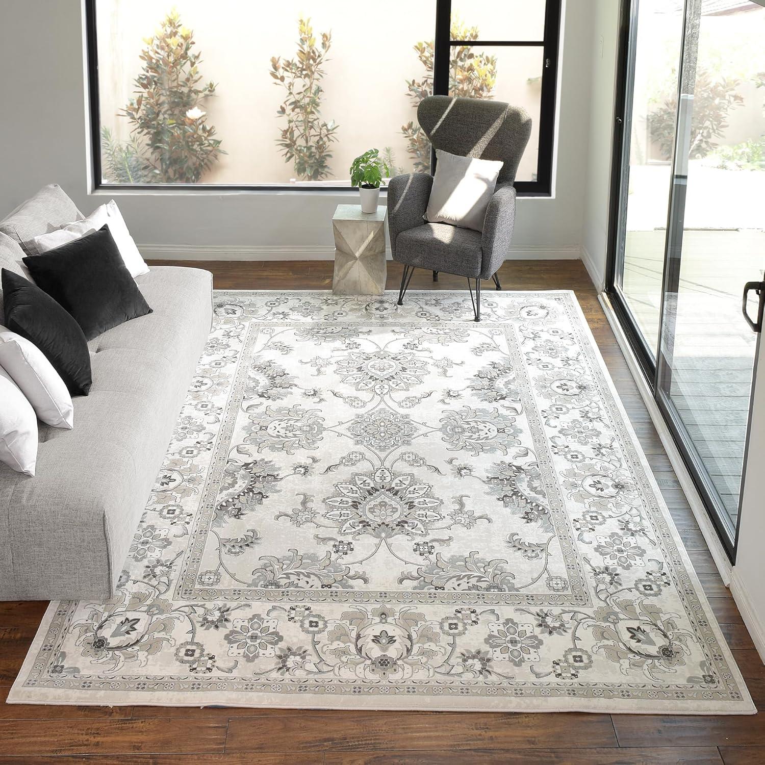 Majestic Moena Ivory/Gray Traditional Oriental Floral Border Area Rug