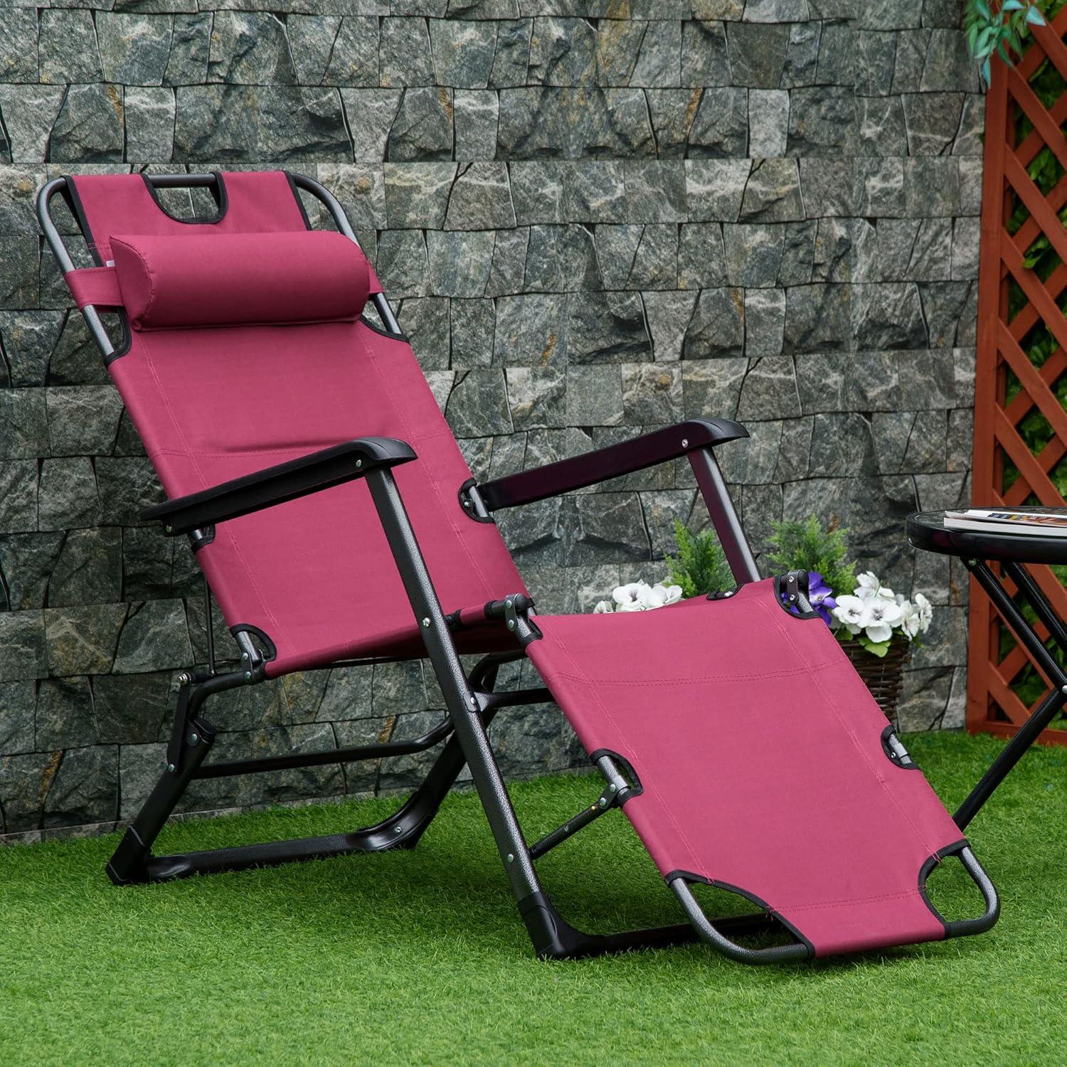 Red Adjustable Metal Frame Outdoor Chaise Lounge with Pillow