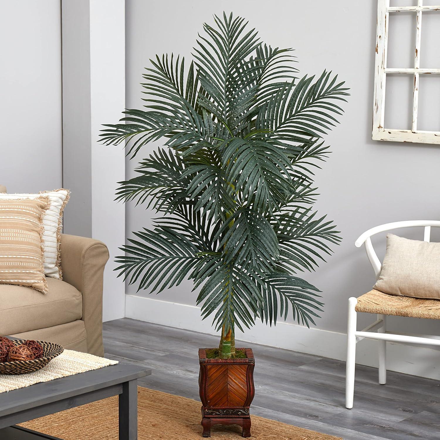 Nearly Natural 4.5-ft Golden Cane Palm Tree in Wooden Decorated Planter