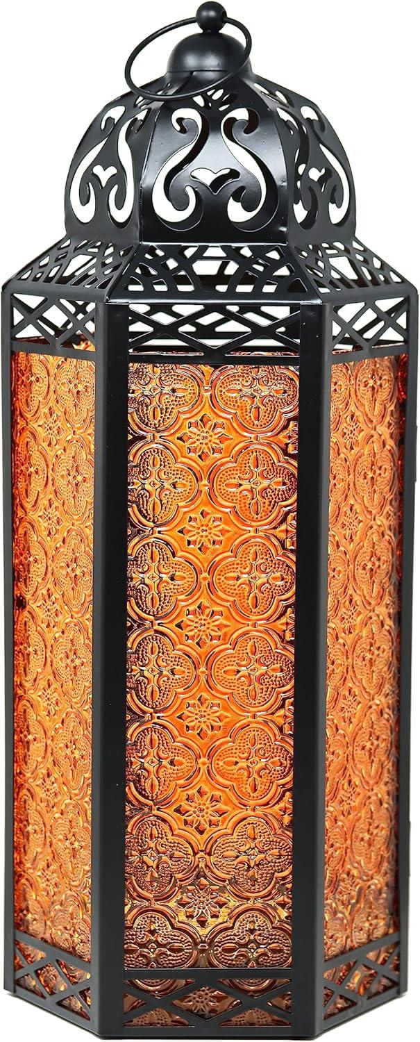 Extra Large Black Metal Moroccan Floor Lantern with Amber Glass