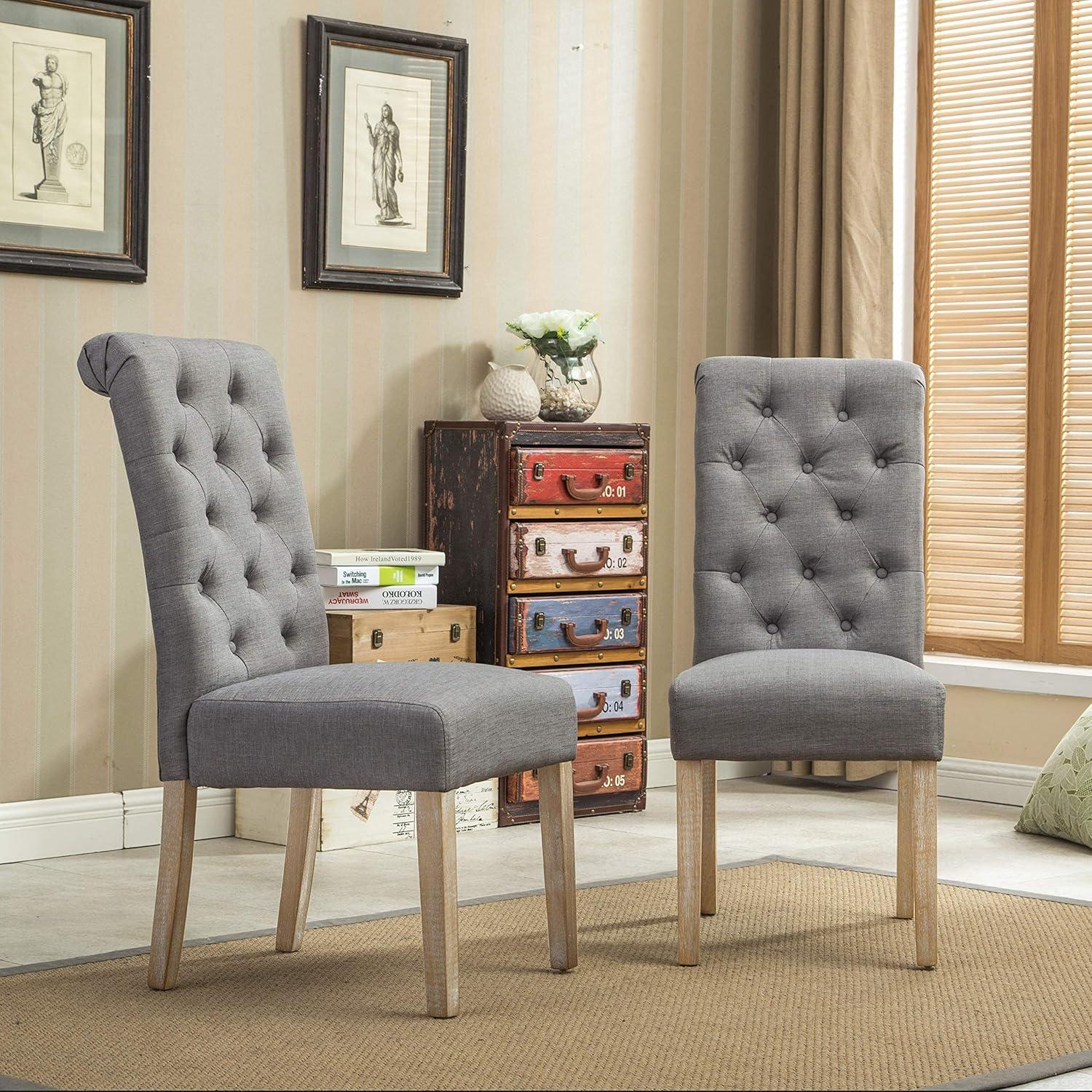 Elegant Gray Linen High-Back Parsons Side Chair Set with Oak Finish