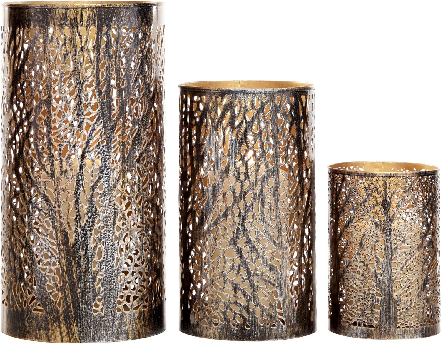 Set of 3 Leafy Cylindrical Contemporary Metal Candle Holders - Olivia & May