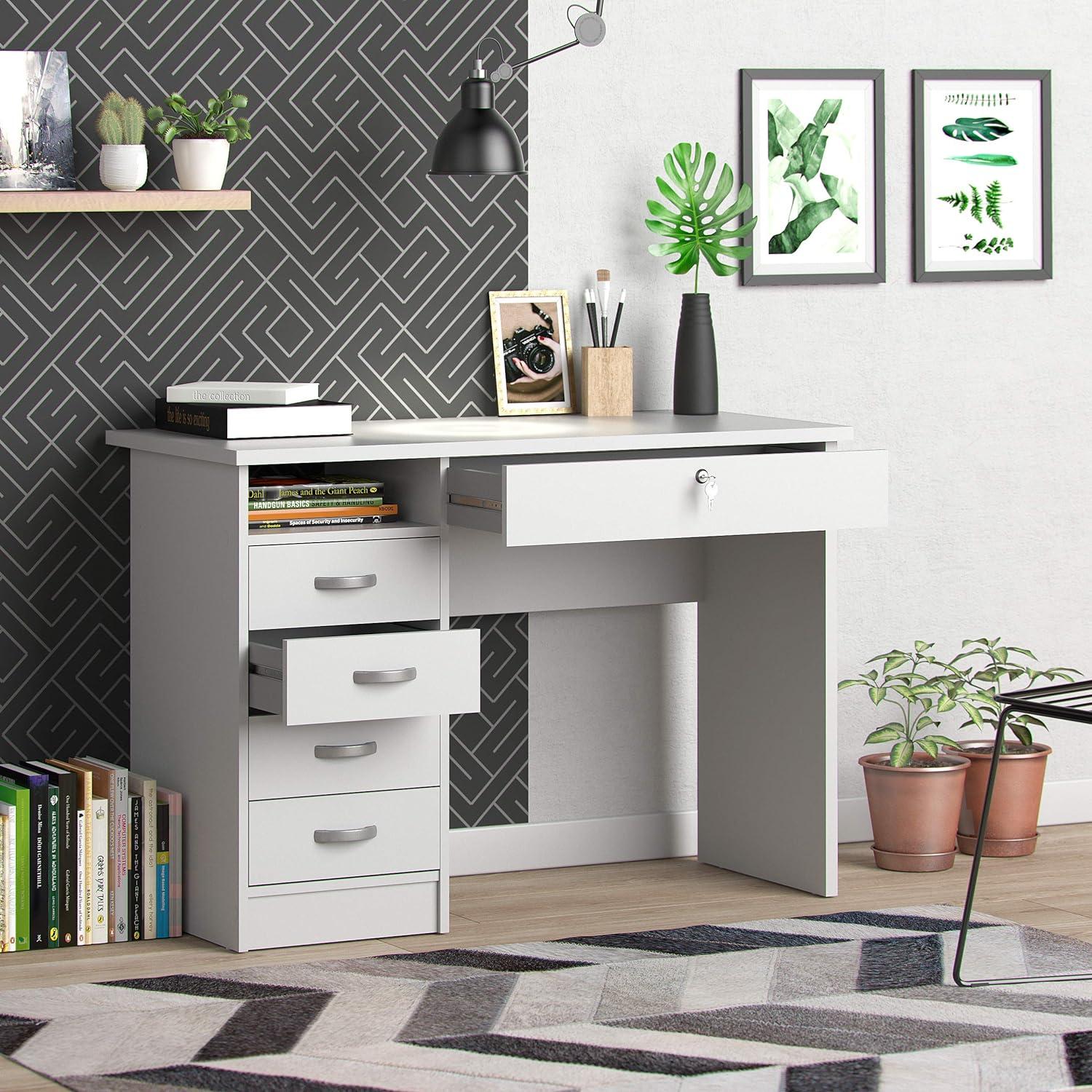 Walden White Engineered Wood Desk with 5 Drawers