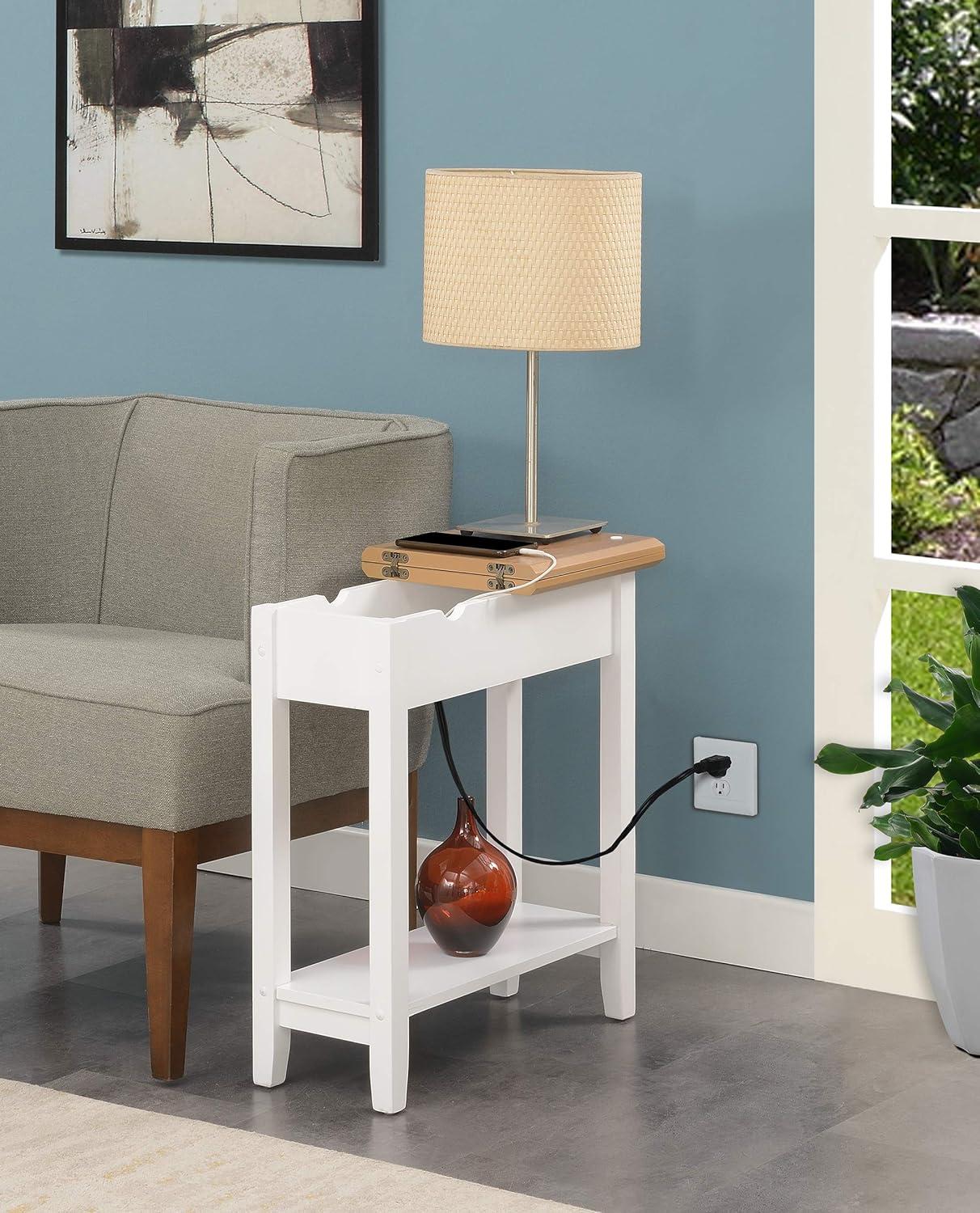 Convenience Concepts American Heritage Flip Top End Table with Charging Station and Shelf, Driftwood/White