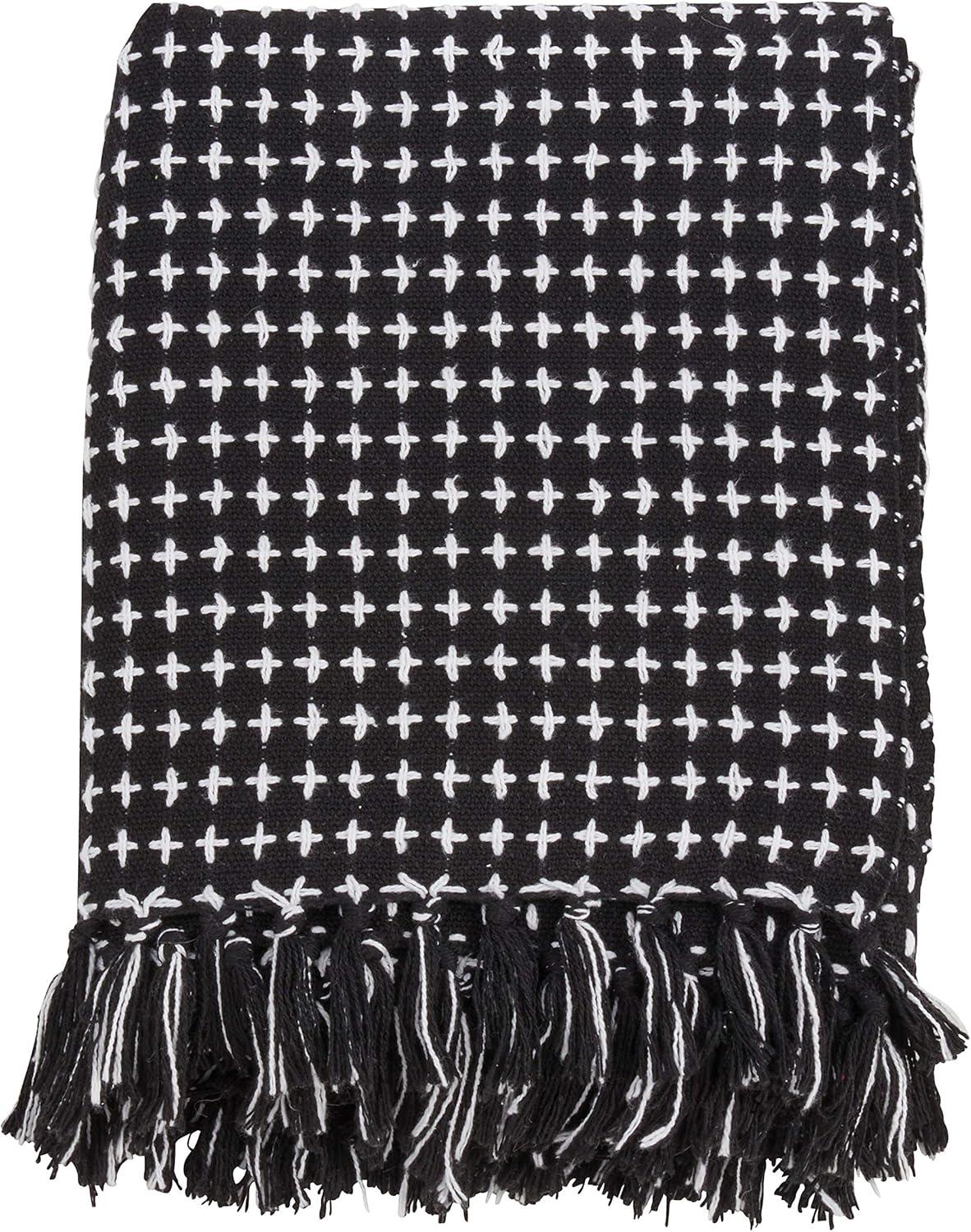 Black and White Cotton Cross Stitch Fringed Throw Blanket