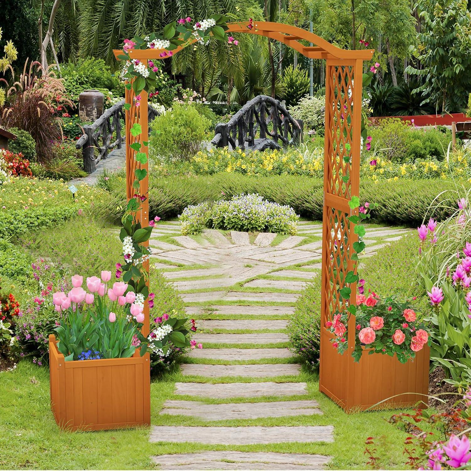 Natural Fir Wood Garden Arbor with Planter Boxes and Trellis