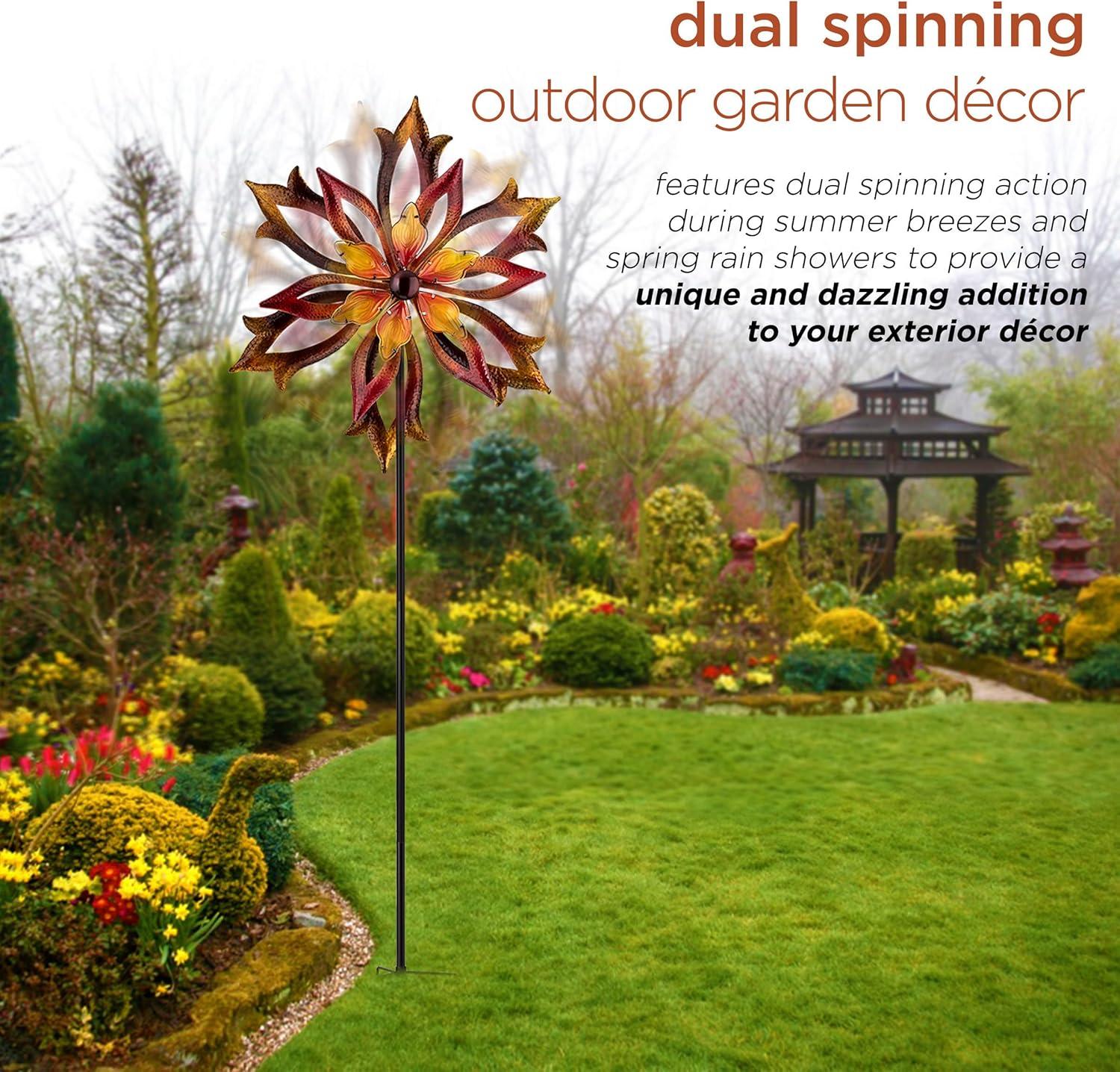 96" Glass/Iron Outdoor Flower Dual Kinetic Spinner Stake Red/Yellow - Alpine Corporation: Yard Art Decor
