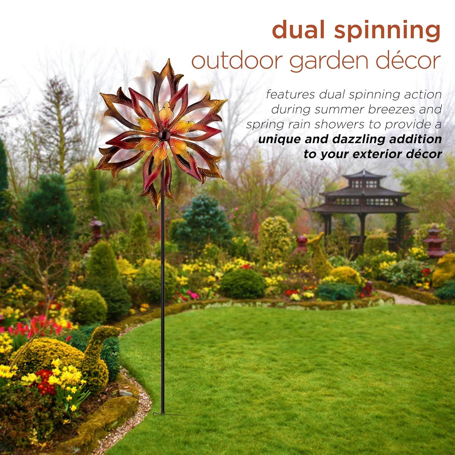 96" Glass/Iron Outdoor Flower Dual Kinetic Spinner Stake Red/Yellow - Alpine Corporation: Yard Art Decor