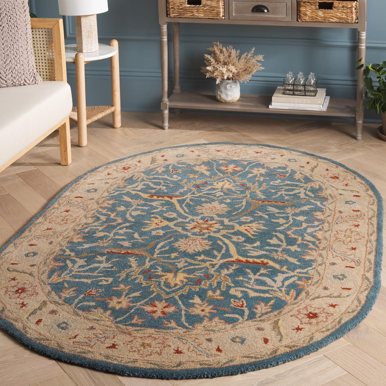 Handmade Blue Wool Oval Tufted Area Rug