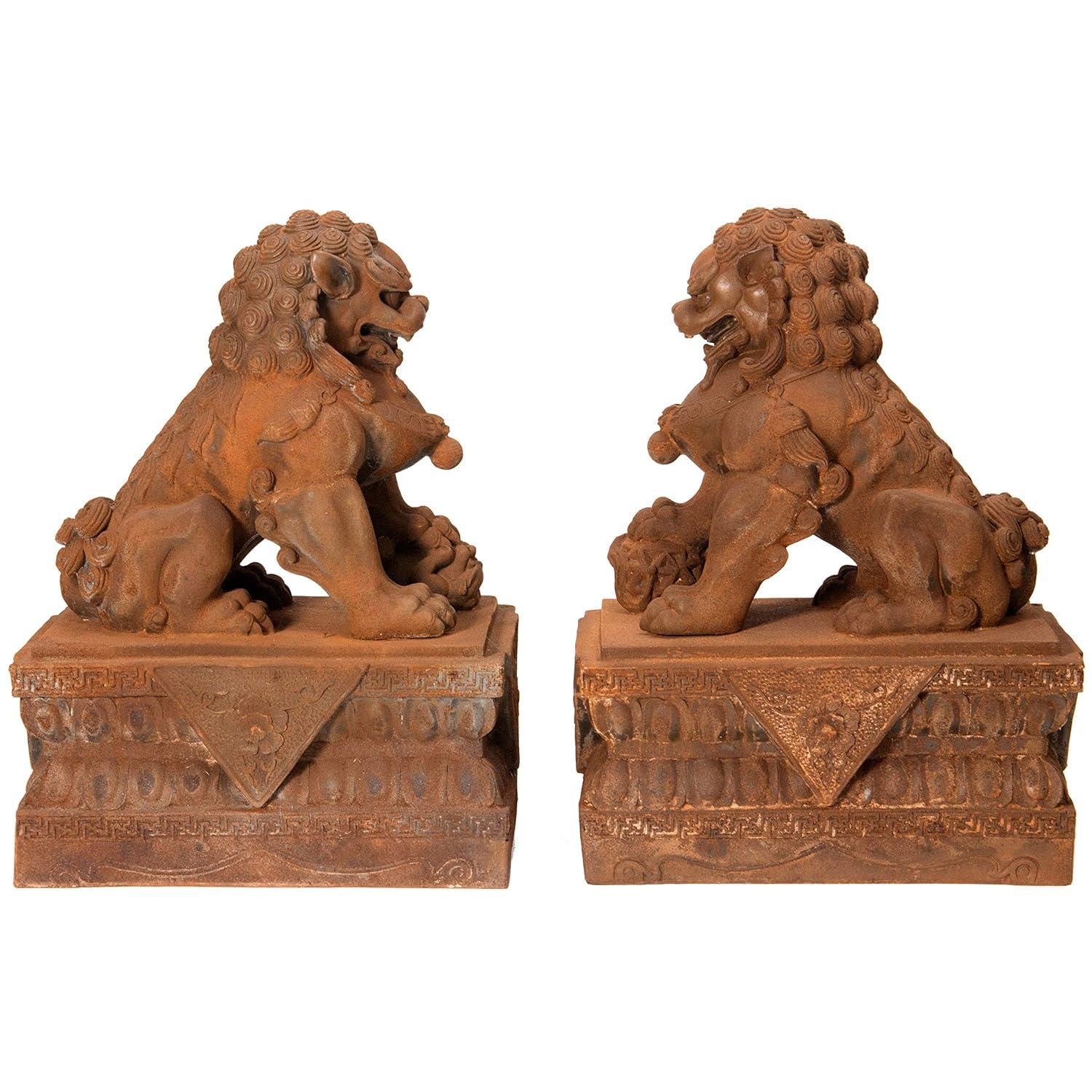 Oriental Furniture 18" Foo Dog Rust Patina Statues, set of 2