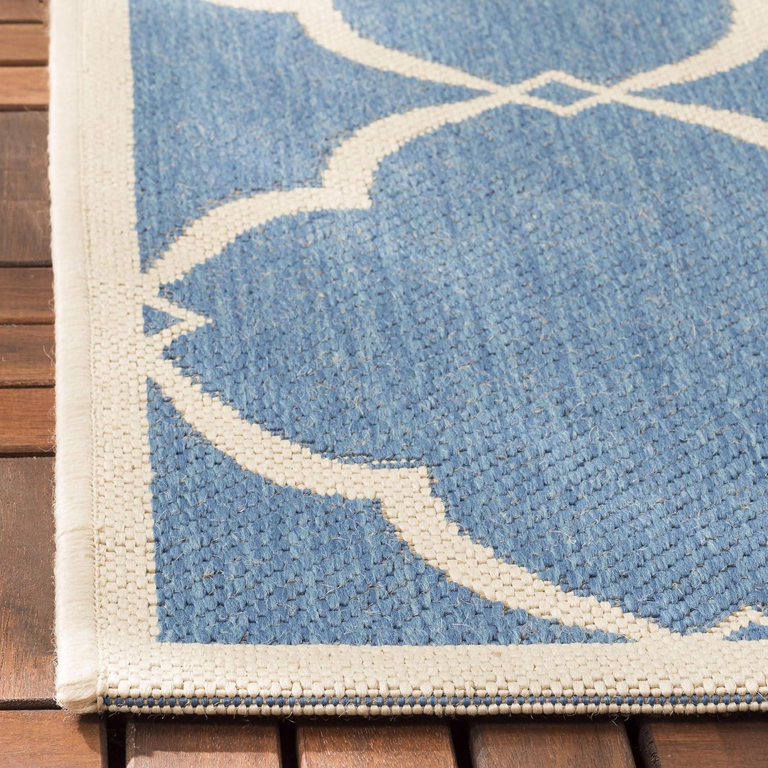 Blue and Cream Geometric Square Indoor/Outdoor Rug