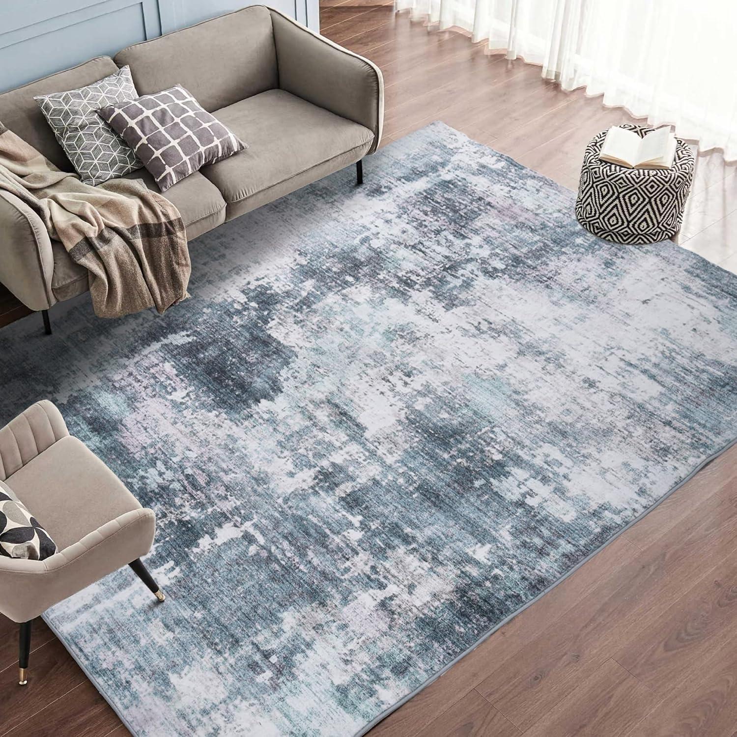 Garvee 5'x7' Modern Blue Abstract Area Rug Machine Washable Contemporary Rug Soft Foldable Thin Accent Rug Anti-Slip Non-Shedding Floor Carpet