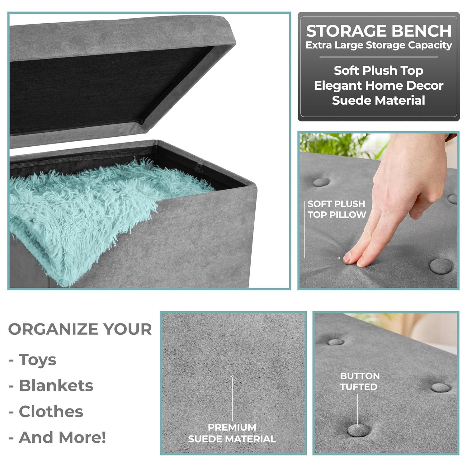 Sorbus Faux Suede Storage Ottoman Cube - Seat & Declutter! Plush cushion, hidden storage, lightweight & portable. Folds flat (Gray)