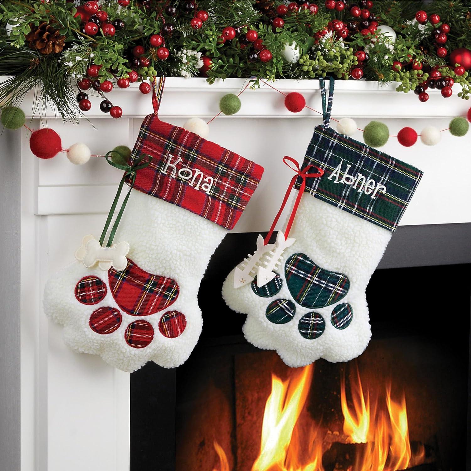 Personalized Planet Dog Paw Christmas Stocking with Custom Pet Name Embroidered, White Faux Sherpa with Red Plaid Cuff and Dog Bone Accents, Festive Christmas Décor, Ready to Hang