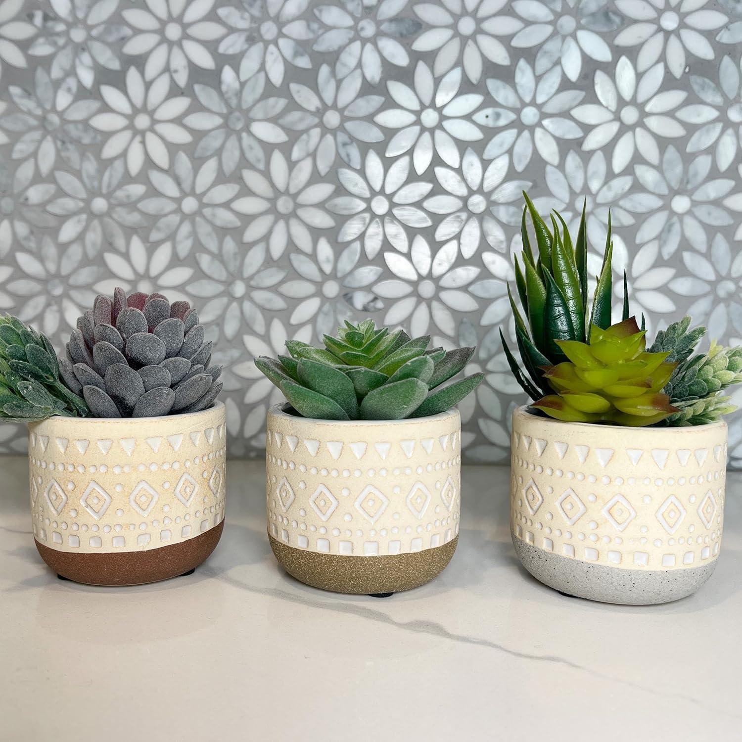 Admired by Nature Set of 3 Modern 3" Ceramic Flower Plant Planters, Ceramic Pot Planter Indoor Ceramic, Houseplant Cactus Ceramic Pot, Decorative Planter For Indoor Succulent Plant Home Décor, Tan