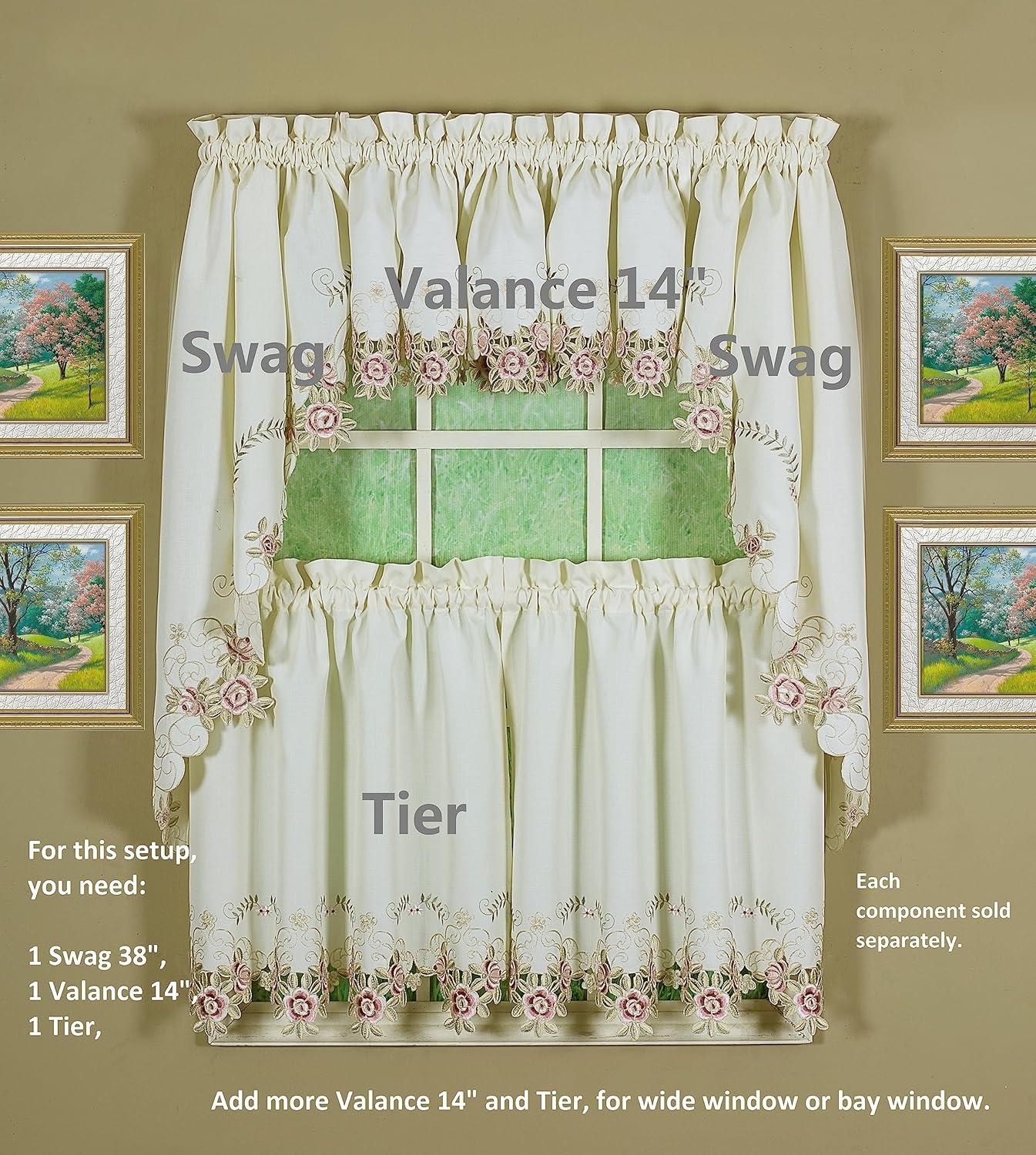 Today's Curtain Verona Reverse Embroidery Valance, 14", Ecru/Rose, 60" W X 14" L