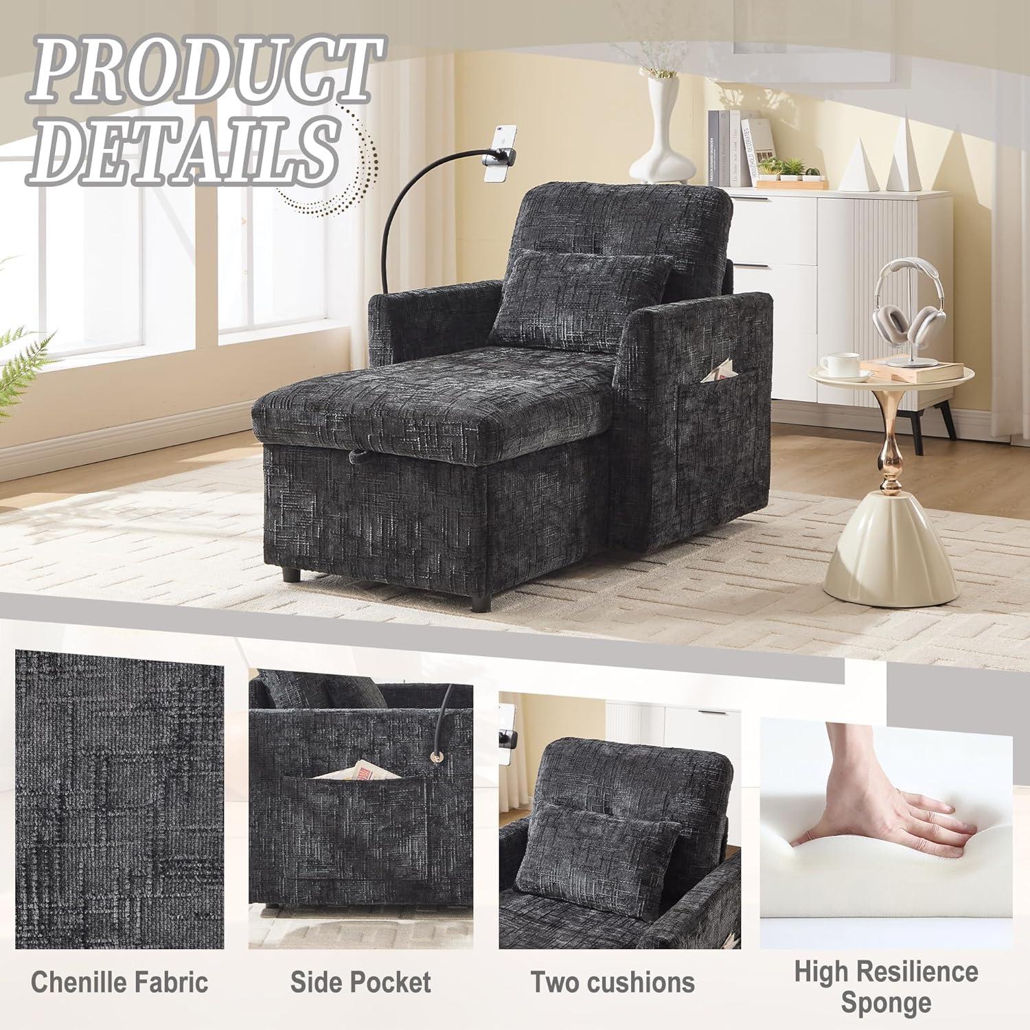 32 Inch Chaise Lounge Accent Chair with Storage, Comfy Chenille Upholstered Sleeper Chair Bed Modern Deep Seat Leisure Recliner Lounger Daybed w/Phone Holder and Side Pockets for Living Room Office