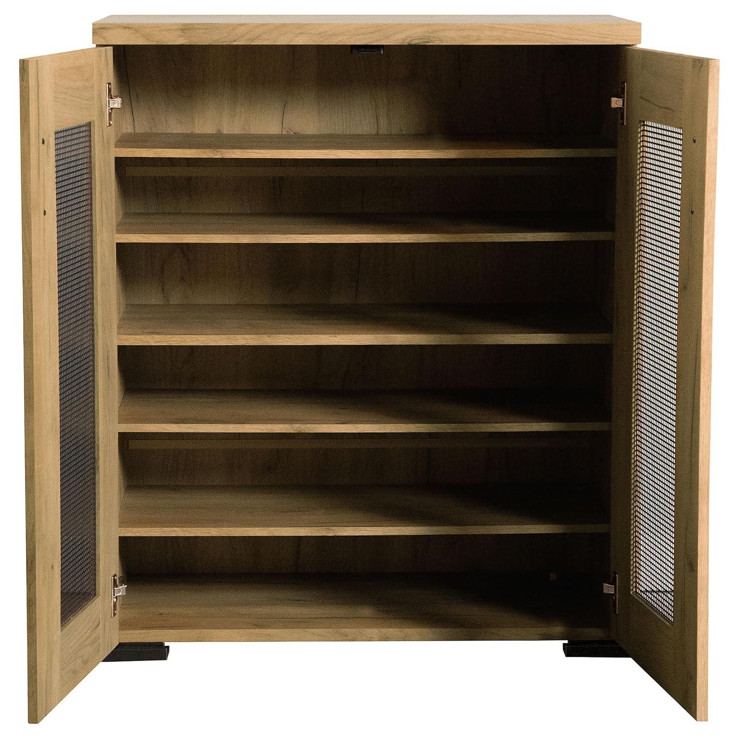 Golden Oak and Gunmetal Mesh Door Accent Cabinet