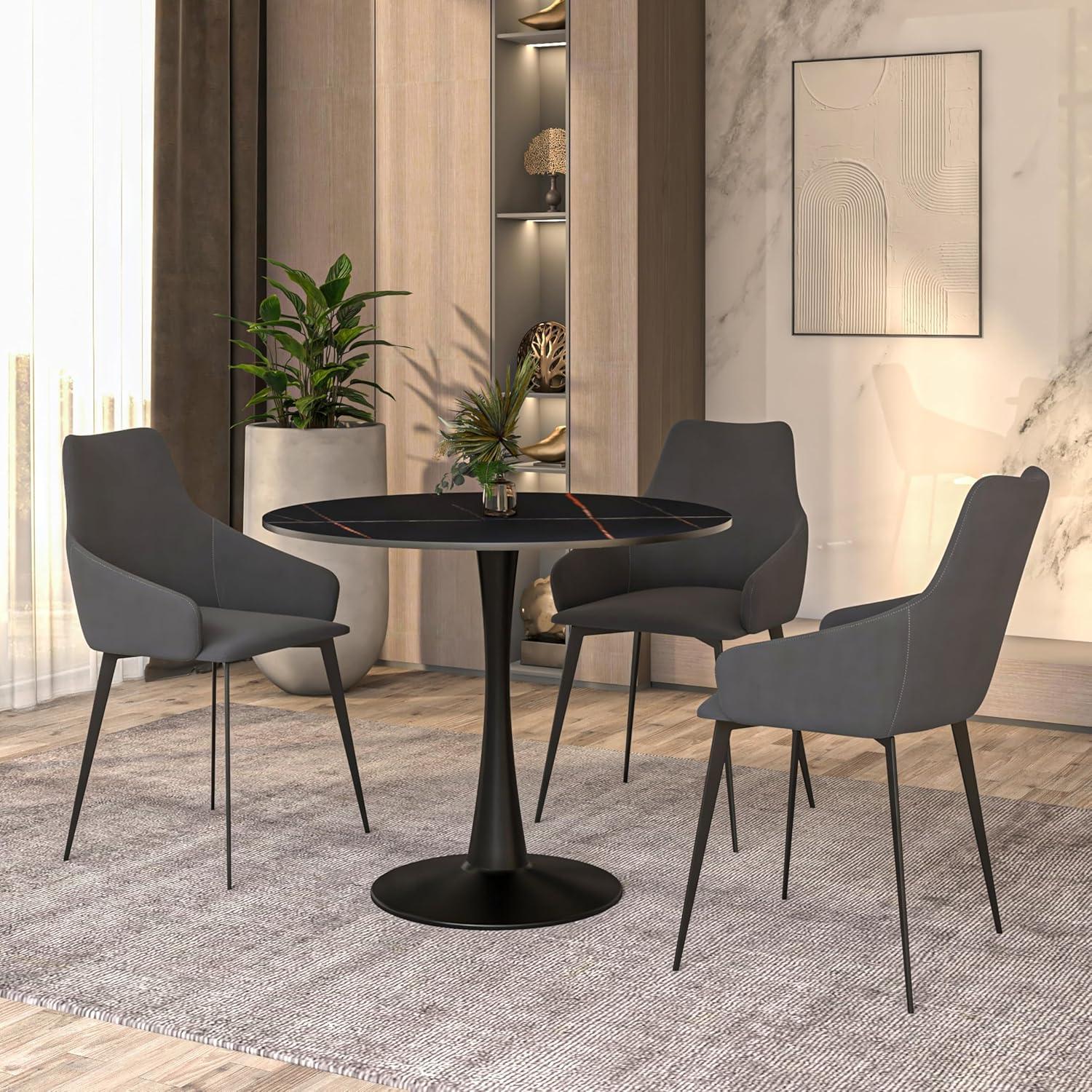 LeisureMod Round Dining Table 31" Sintered Stone Tabletop in Black Steel Bistro Series