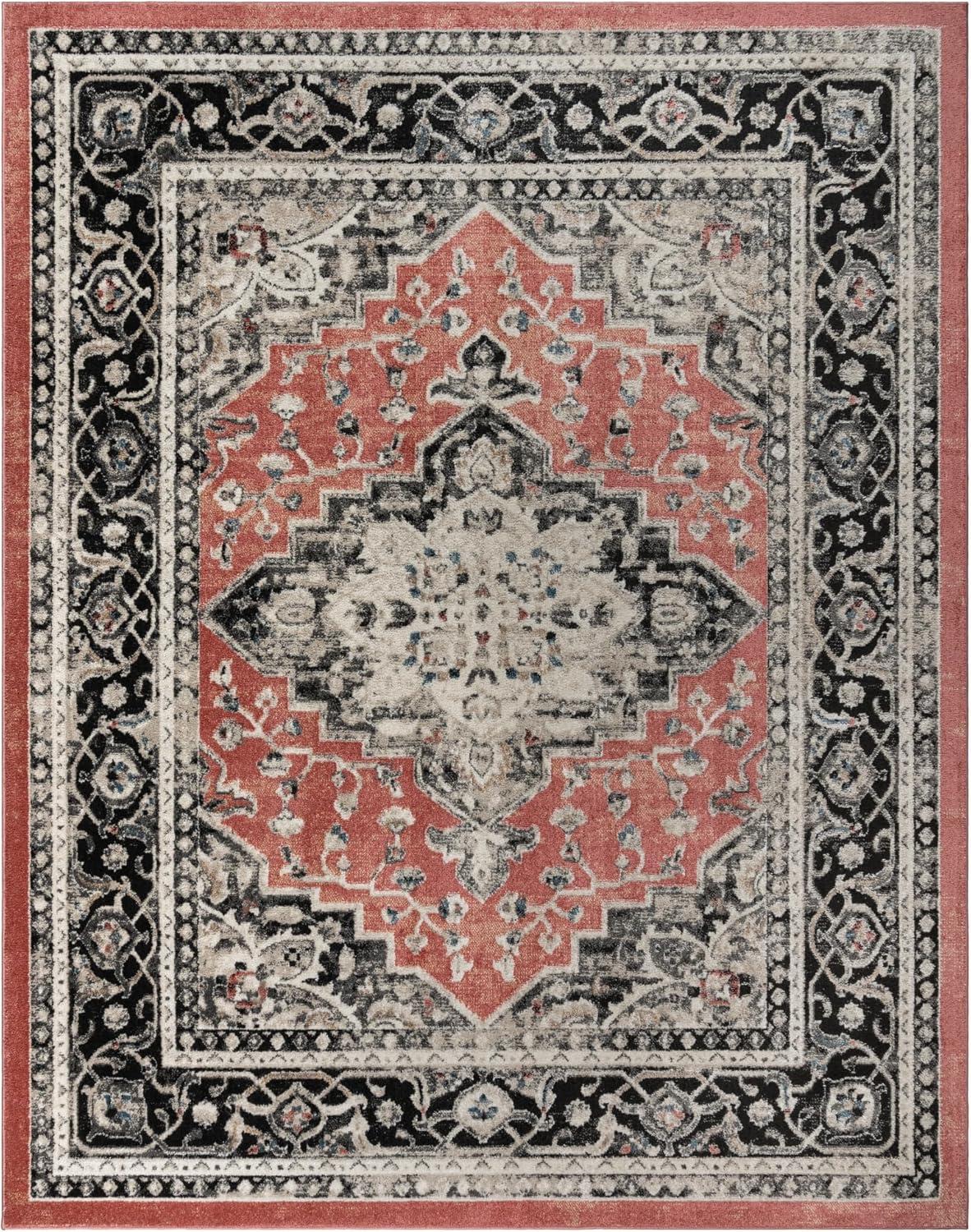 Heirloom Fluer Traditional Oriental Medallion Red Black Polypropylene Area Rug