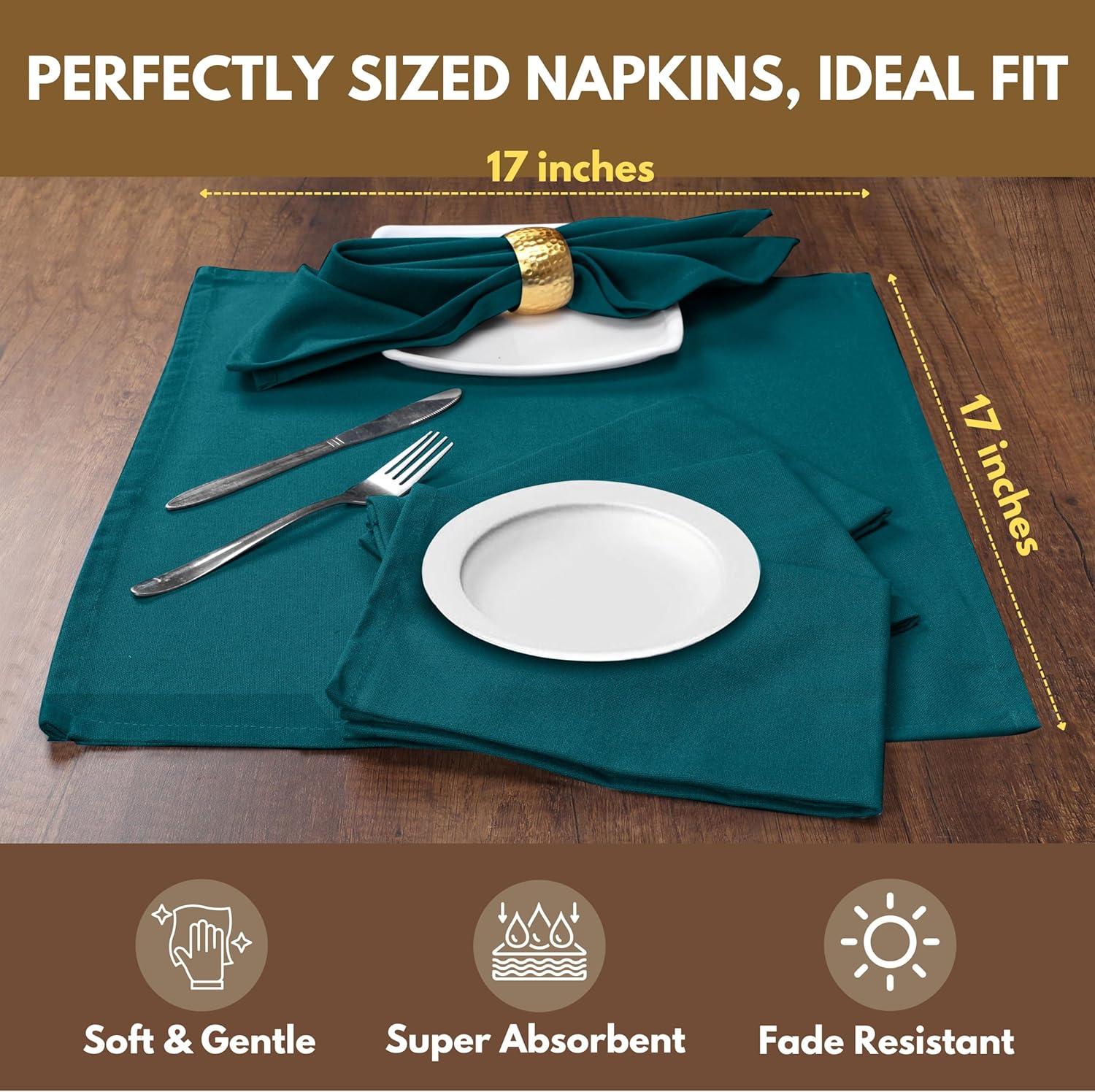 Native Fab Table Dinner Napkin Set of 12, Soft Cotton Reusable Fabric Cloth Napkins, 17x17 inches - Teal Green