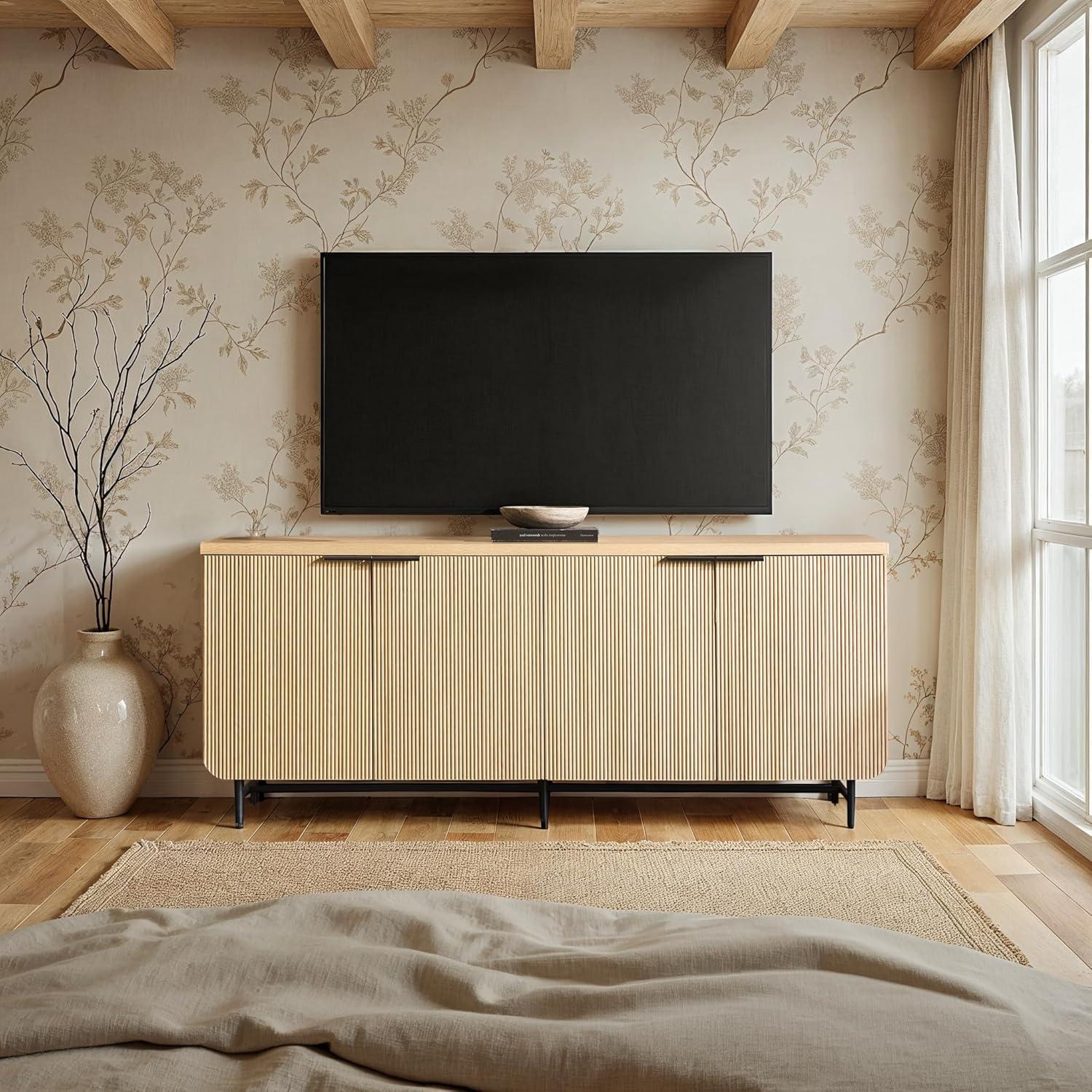 Walker Edison 69” Scandinavian 4-Door Reeded-Front Sideboard, Black & Coastal Oak