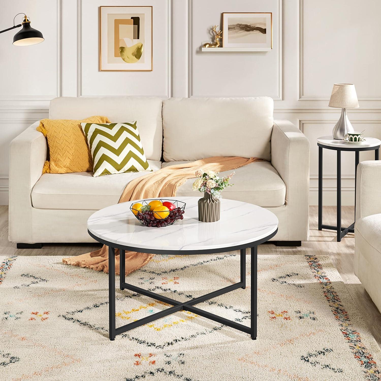 Yaheetech Faux Marble Coffee Table, Modern Round Accent Table with X-Base & Metal Frame, 35.5in Center Tables for Living Room & Dining Room, White and Black