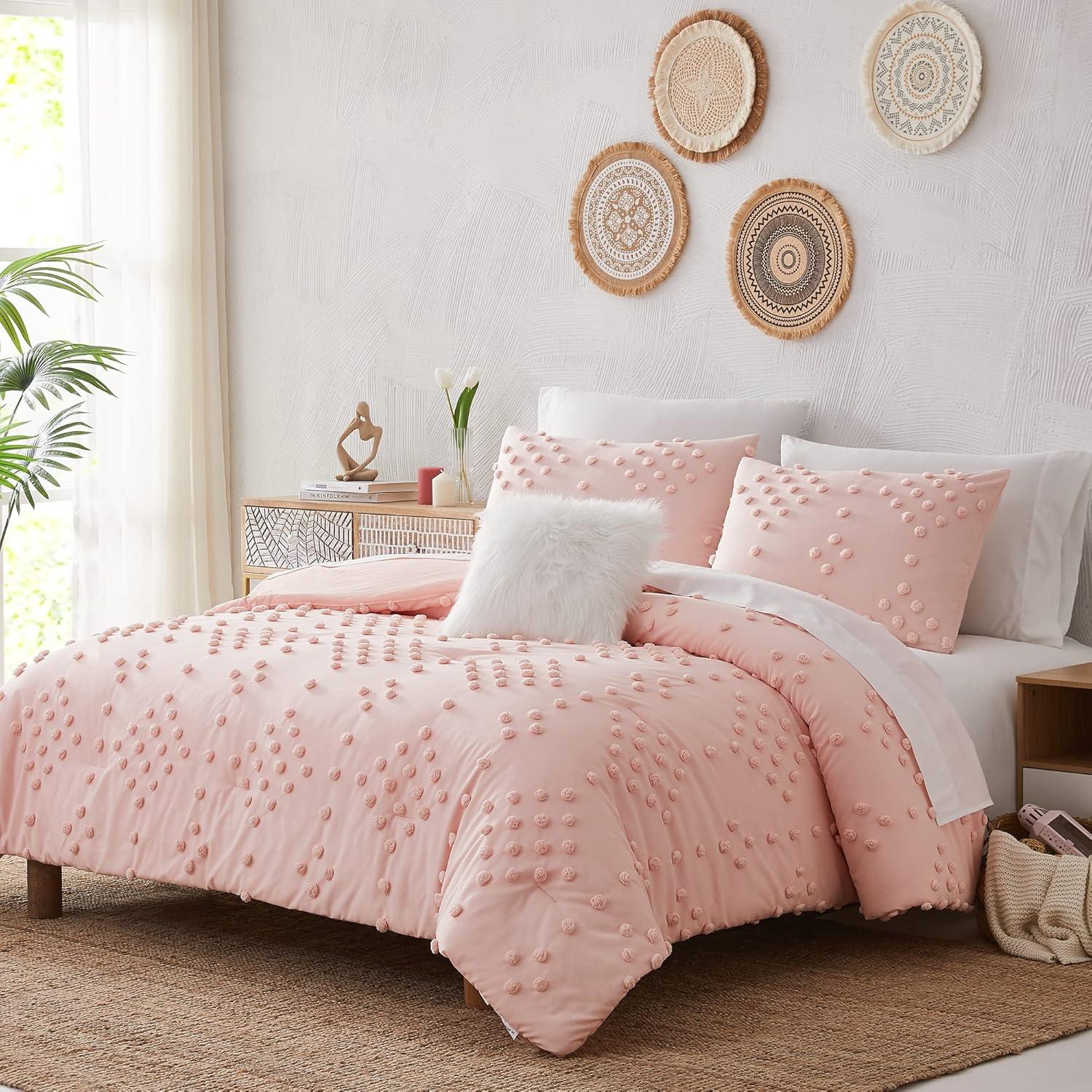 Pink Twin Pom Tufted Microfiber Bed in a Bag Set