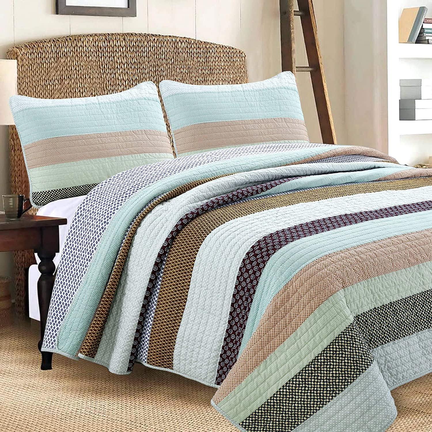 Nesco Blue and Brown Cotton Reversible King Quilt Set