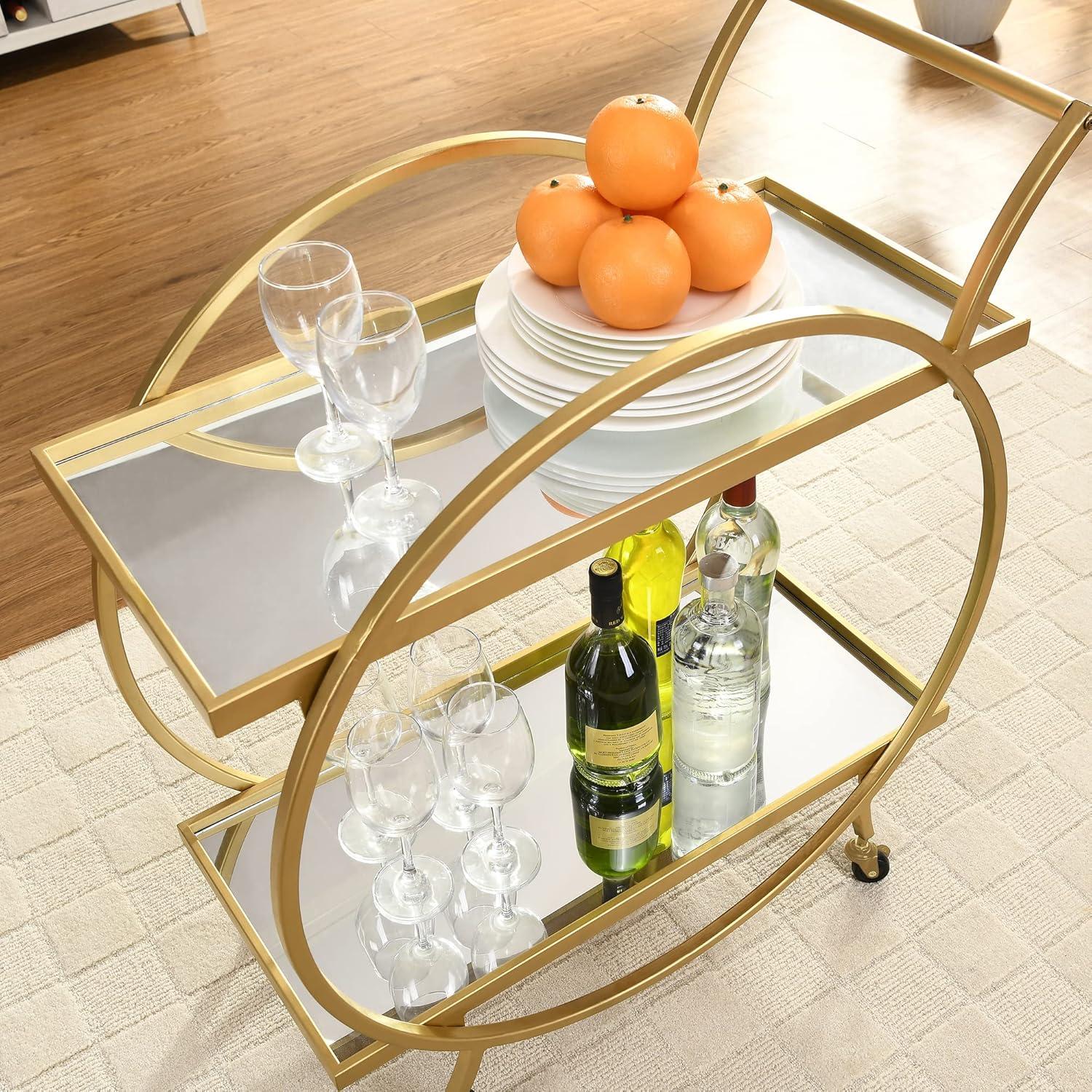 Bar Cart, 2 Tier Mobile Mini Bar, Kitchen Serving Cart and Coffee Station with Storage for Liquor, Metal and Mirror, Use for Home Kitchen Club Living Room, 27"x14"x28"