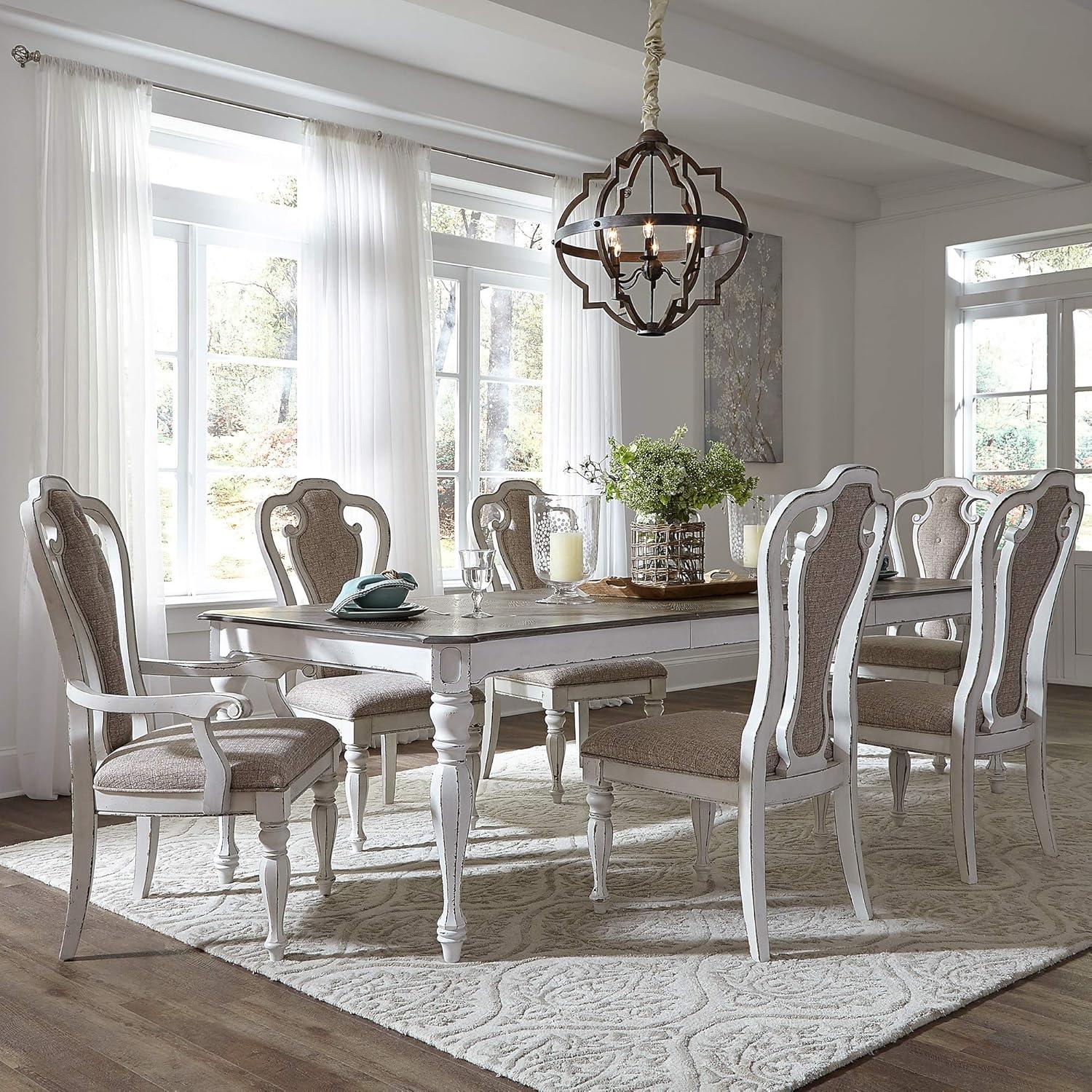 Antique White 7-Piece Rectangular Dining Table Set with Upholstered Chairs