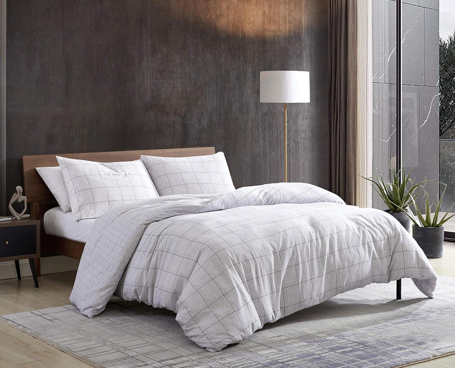 Kenneth Cole Holden Grid Cotton Grey Duvet Cover Set