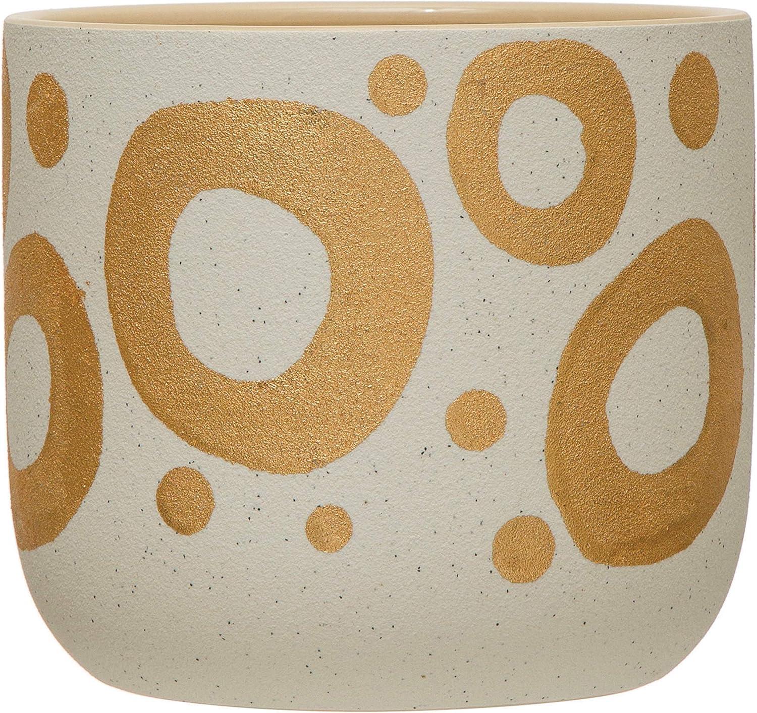 Elegant Hand-Painted Gold Circle Stoneware Planter, 6.5" White