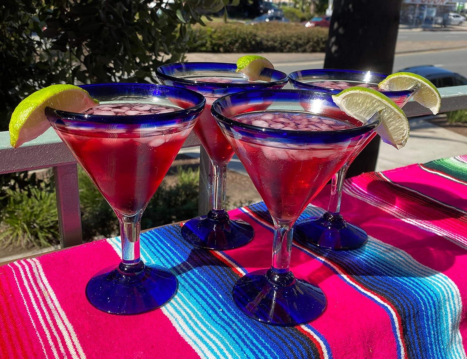 Mexican Hand Blown Glass – Set of 4 Hand Blown Modern Margarita Glasses - Blue Rim (12 oz)