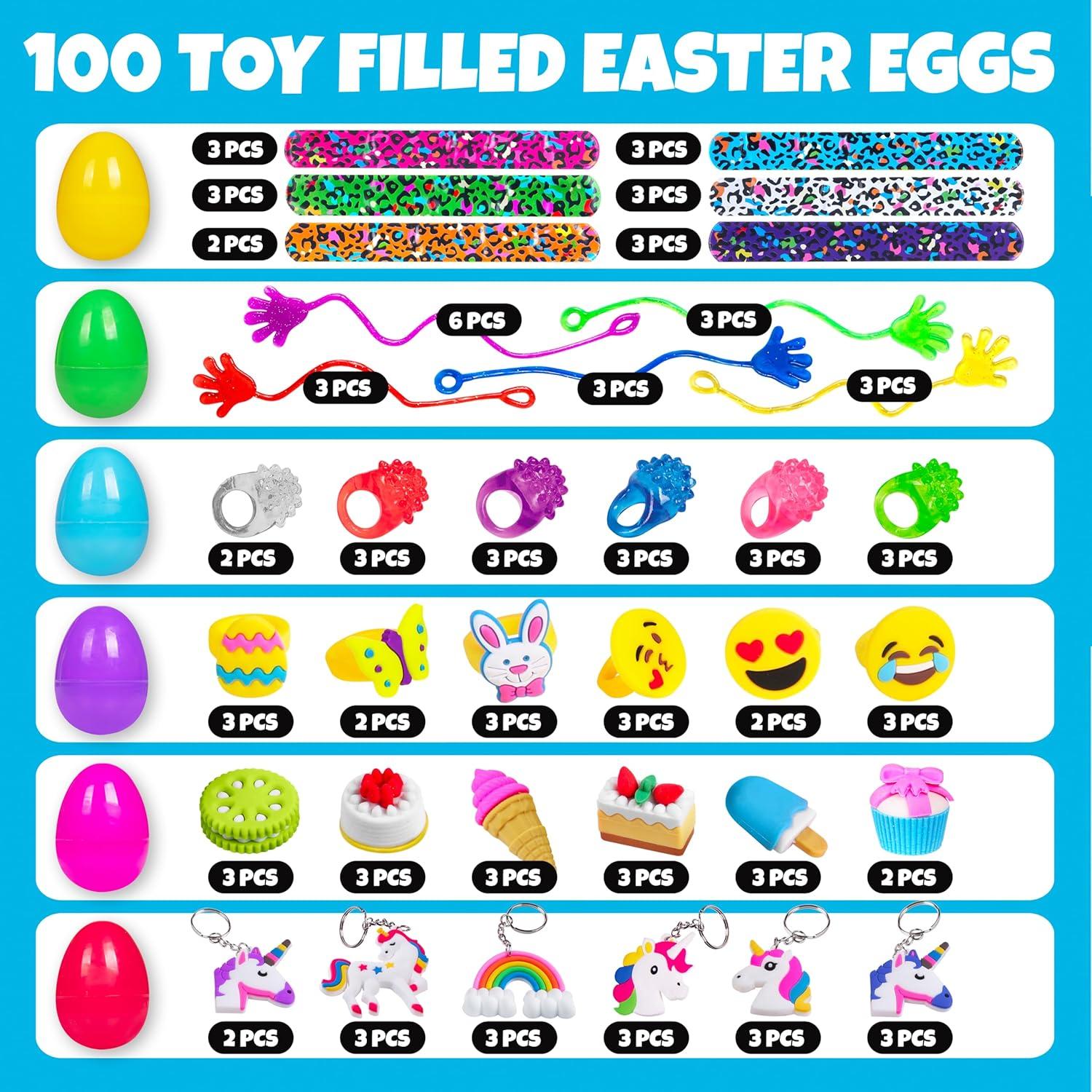 Giraffe 100 Pack Premium Prefilled Easter Eggs - Toy Filled Bulk Plastic Eggs for Kids with Slap Bracelets, Stickers, Light Up Rings - Perfect for Easter Egg Hunts - Bulk Prefilled Easter Eggs Toys!