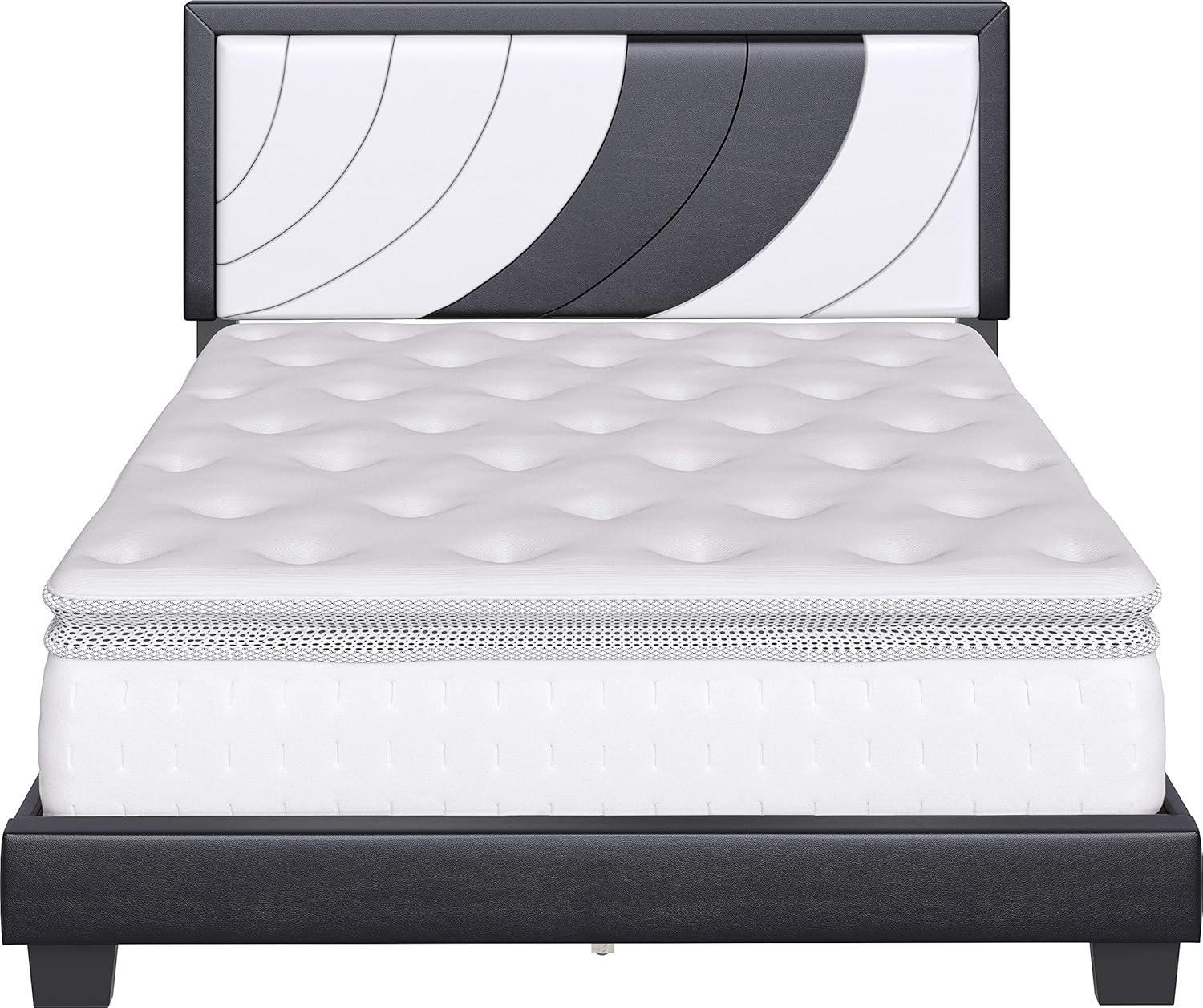 Nautical Wave Queen Platform Bed in White & Black Faux Leather