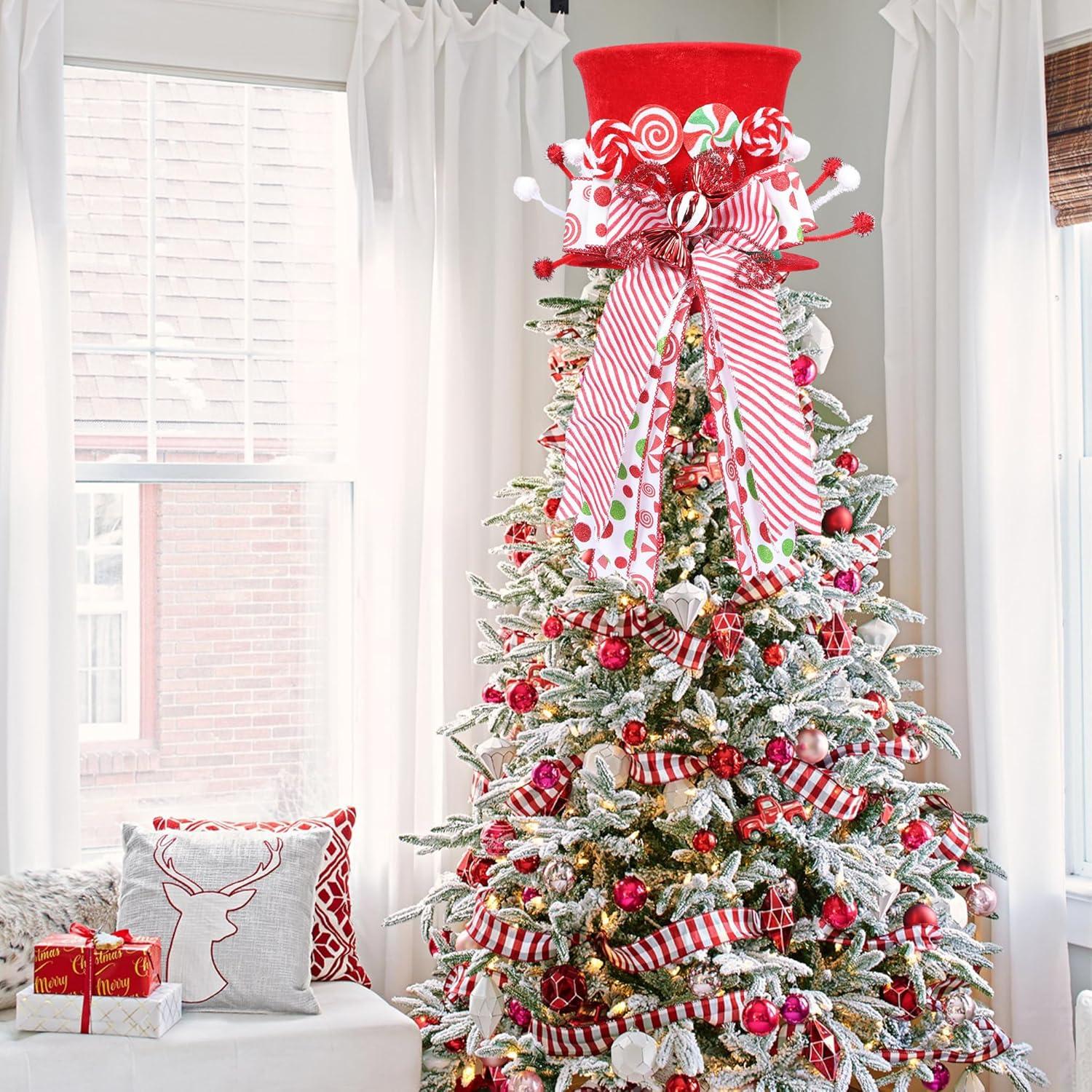 Christmas Gifts Clearance! Modern Christmas Ornaments Candy Cane Christmas Tree Topper Large Red Tree Topper Hat with Candy Peppermint Bows Ribbon Ornament Top Hat Christmas Tree Topper for Home