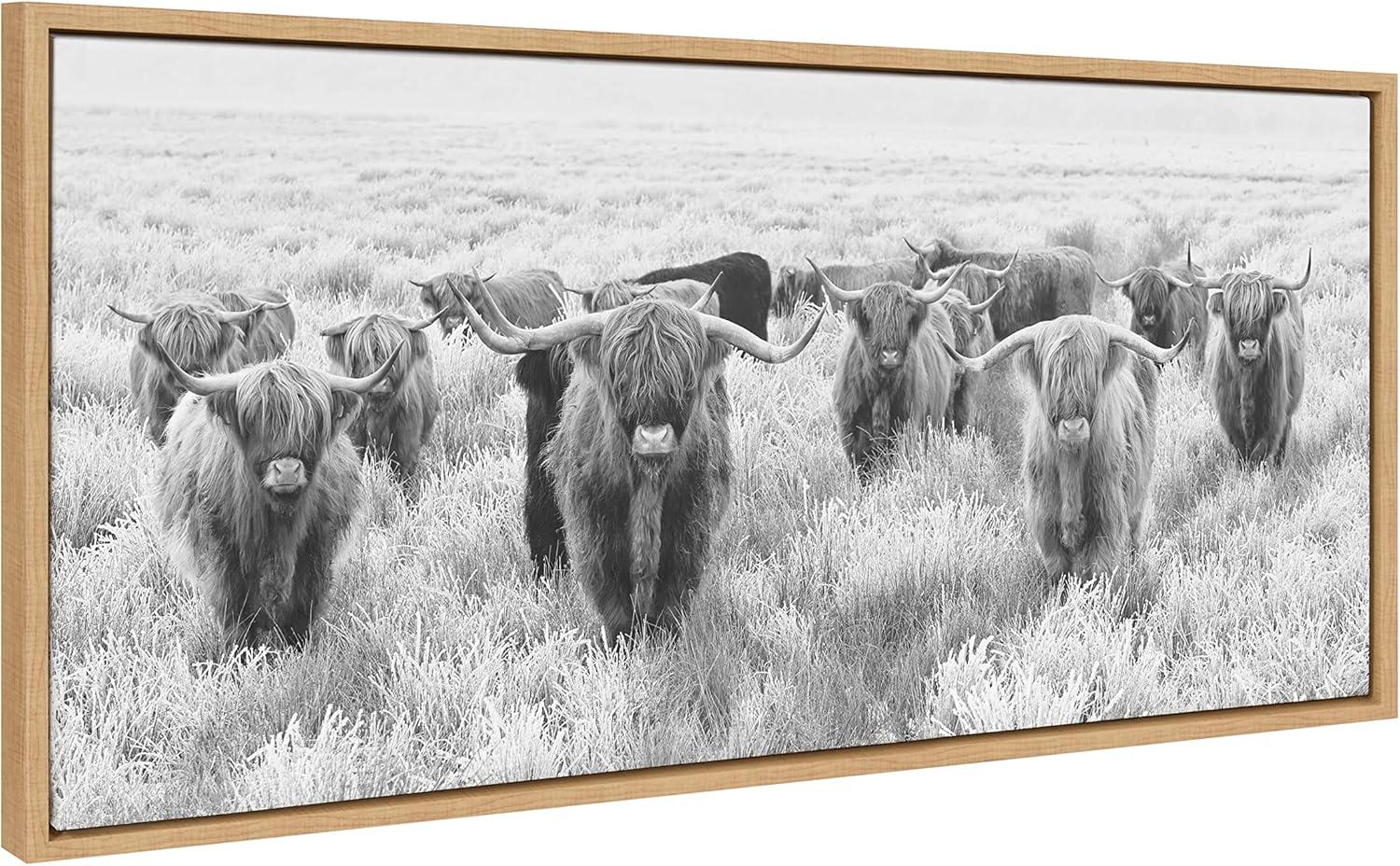 Kate and Laurel Sylvie Herd of Highland Cows Black and White Framed Canvas by The Creative Bunch Studio