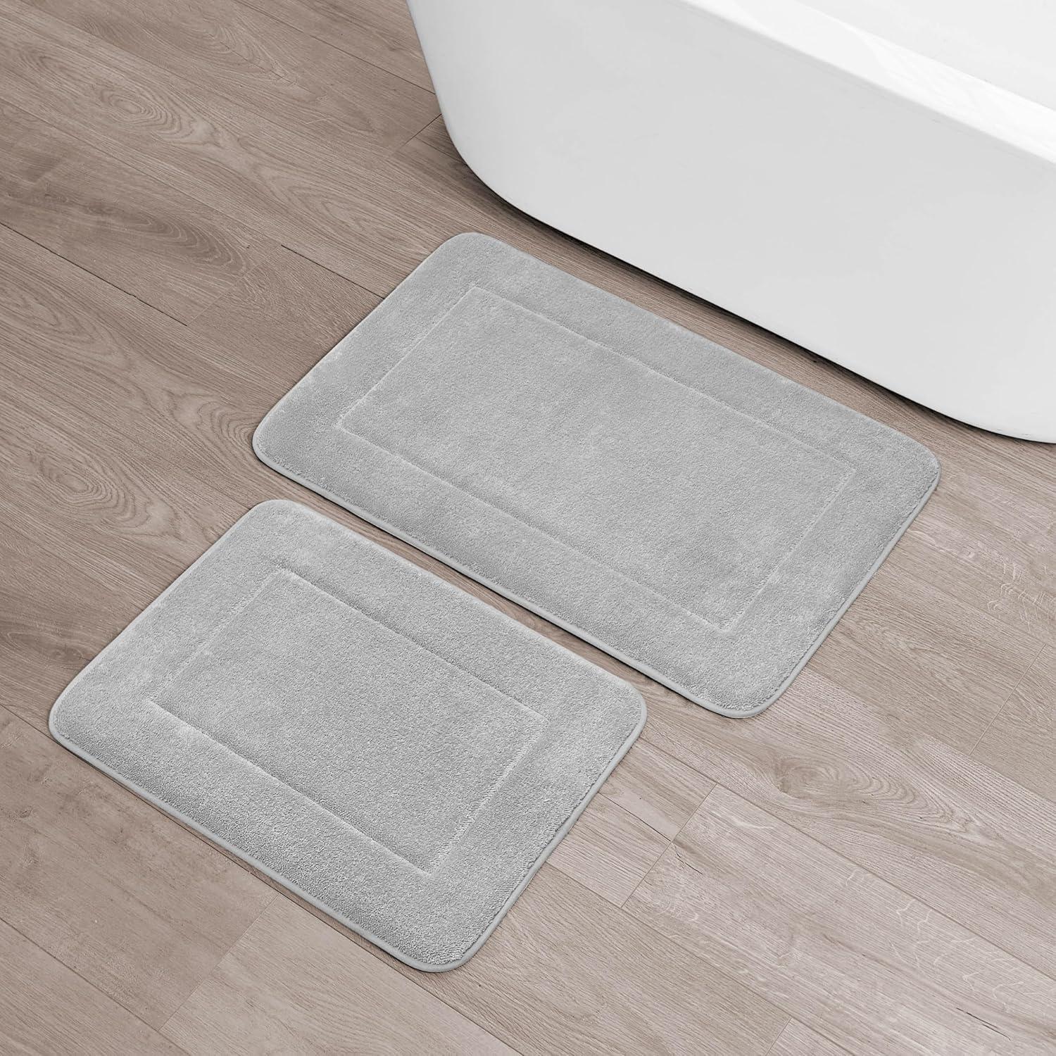 Terry Bath Mats, Set of 2 Memory Foam Bath Rugs, Non-Slip, 100% Polyester, Premium Bathroom Decor, Machine Washable, Measures 17 in. x 24 in. / 20 in. x 32 in., Light Gray