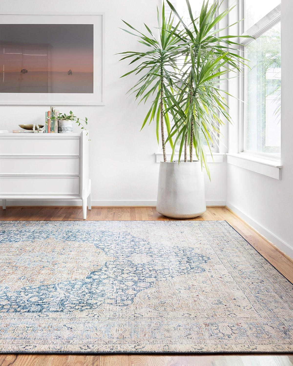 Layla Blue and Tangerine Rectangular Synthetic Area Rug