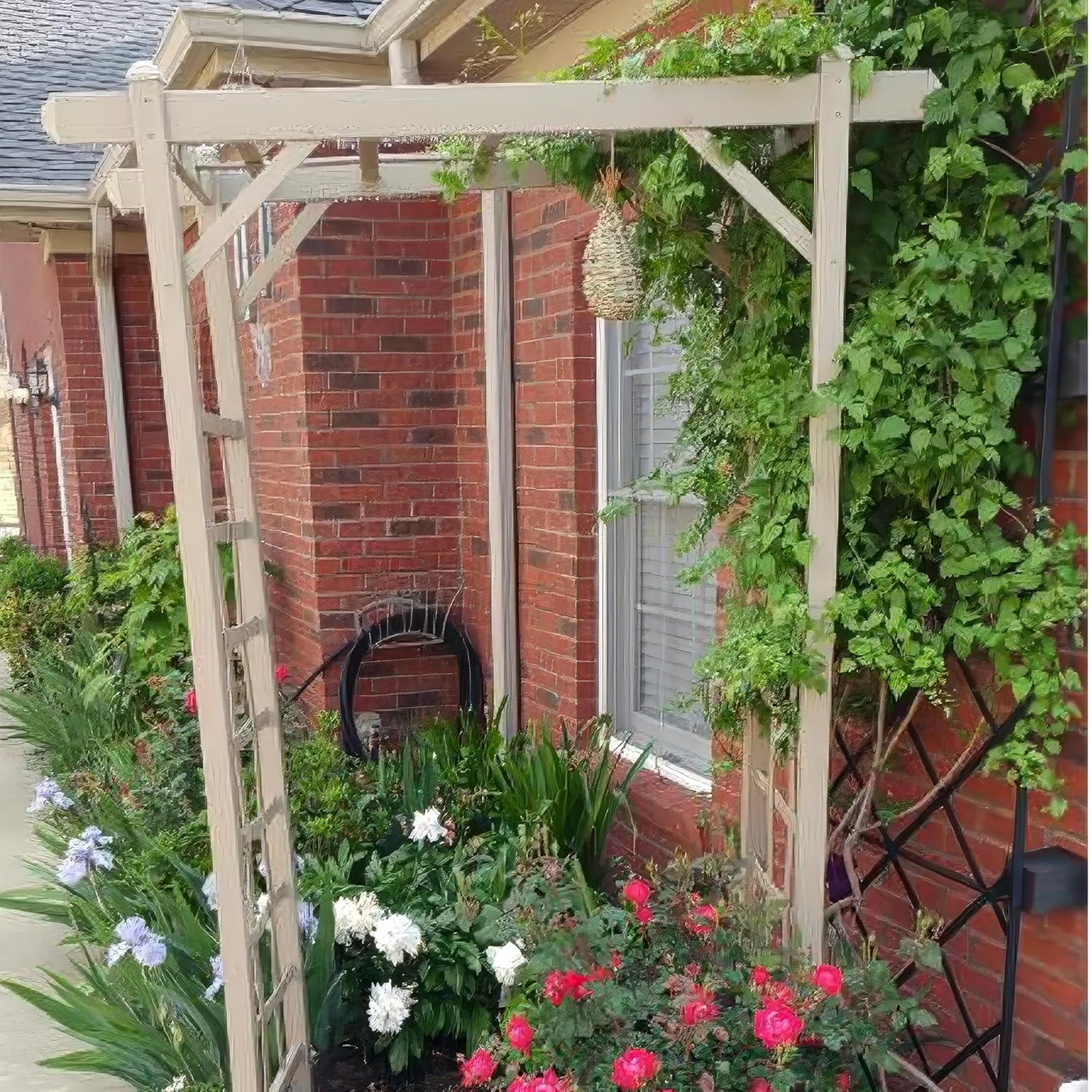 Dura-Trel Elmwood Arbor, 57 by 84 Inch PVC Patio Garden Arch, Outdoor Lattice Frame Decoration or Trellis for Climbing Plants, Mocha